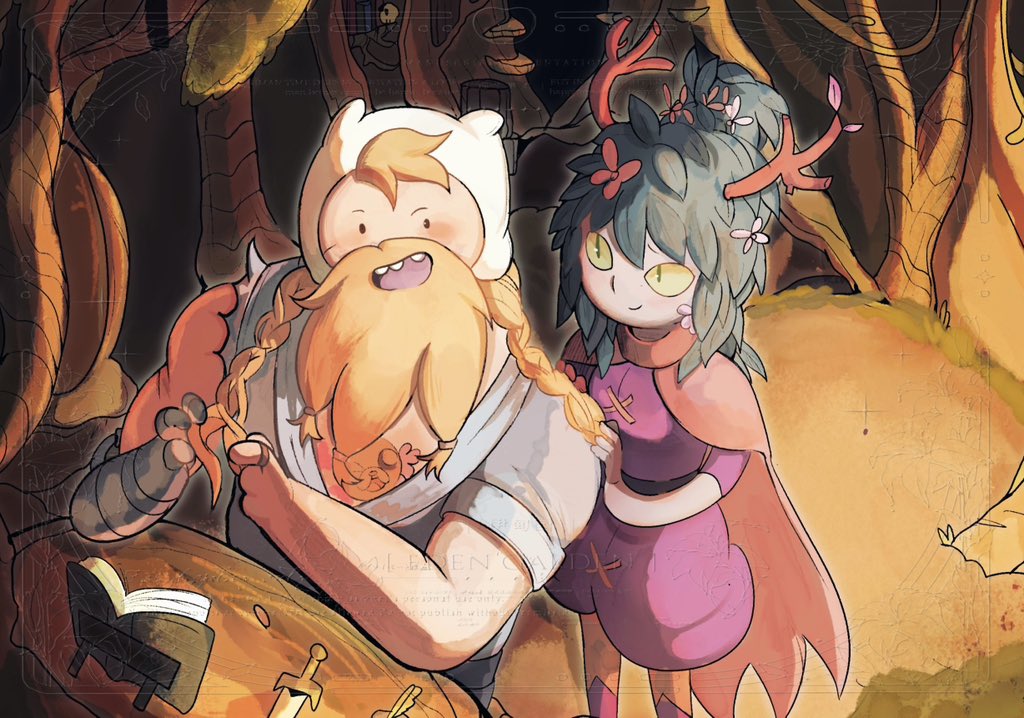 finn the human, huntress wizard, jake the dog, adventure time, adventure time: fionna and cake, chinese commentary, commentary, antlers, beard, blonde facial hair, character tattoo, colored sclera, colored skin, dog, eren 330520, facial hair, green sclera, hair branch, hat, hat with ears, horns, mechanical arms, plant hair, purple tunic, shark sword (adventure time), single mechanical arm, tattoo, tied beard, tunic