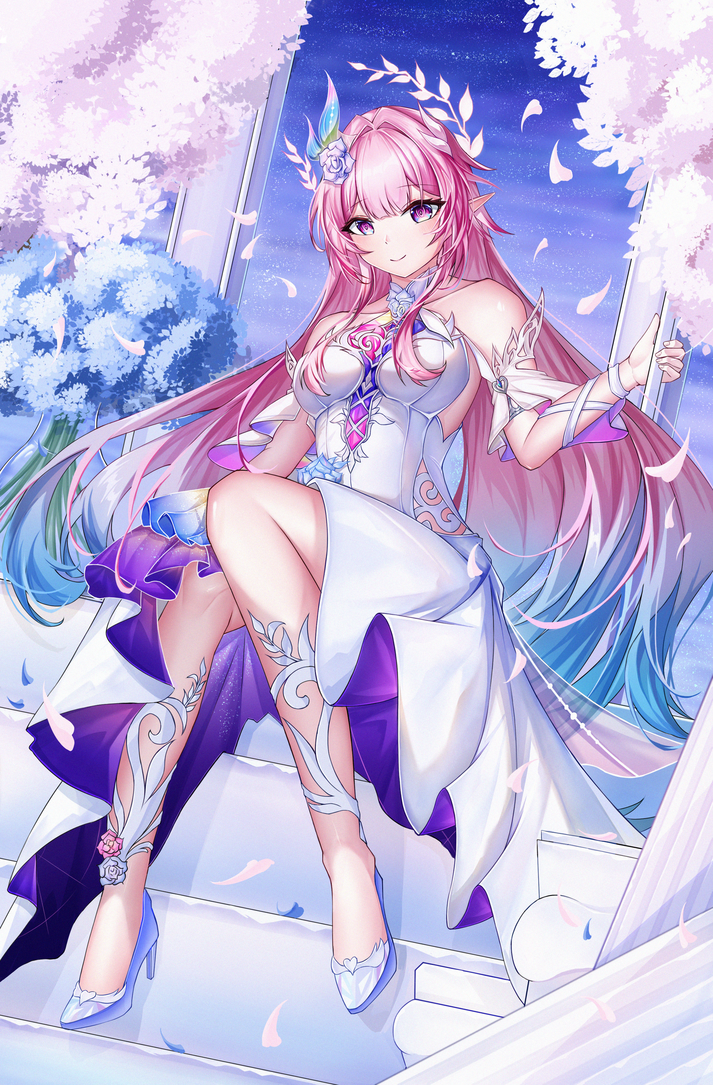 nanfeng7477, cyrene (demiurge) (honkai: star rail), cyrene (honkai: star rail), honkai: star rail, honkai (series), absurdres, commentary request, highres, 1girl, aqua hair, bare shoulders, breasts, diamond-shaped pupils, diamond (shape), dress, flower, hair flower, hair ornament, high heels, large breasts, long hair, looking at viewer, multicolored hair, pink hair, pointy ears, purple eyes, sitting, sitting on stairs, solo, stairs, symbol-shaped pupils, two-tone hair, very long hair, white dress