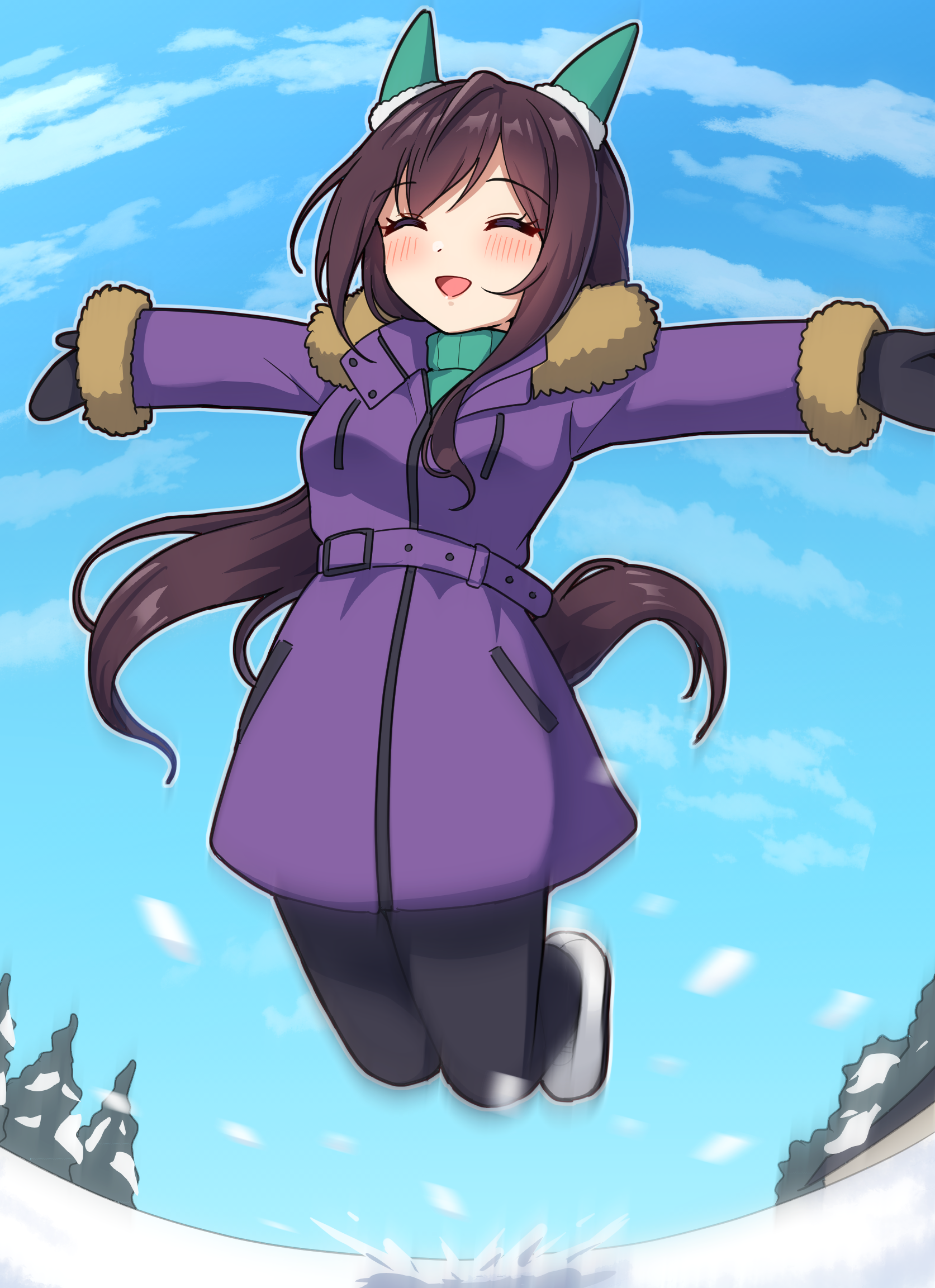 takiki, mejiro dober (umamusume), umamusume, commentary request, highres, revision, 1girl, ^ ^, animal ears, blue sky, brown hair, closed eyes, cloud, coat, day, happy, horse ears, horse girl, horse tail, jumping, long hair, long sleeves, open mouth, outdoors, outstretched arms, purple coat, sky, smile, snow, tail