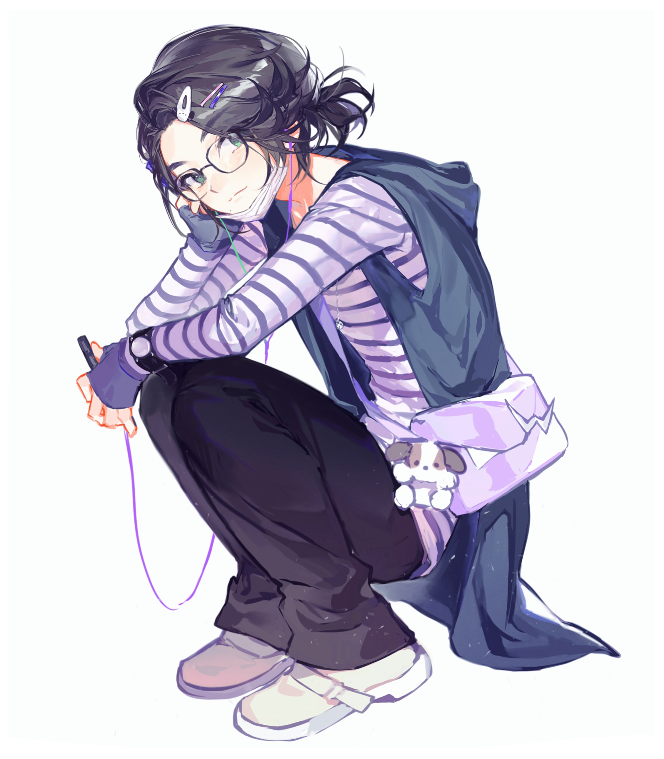 hanaseto, philip (kamen rider), kamen rider, kamen rider w, absurdres, highres, 1boy, animal charm, bag charm, black hair, blue vest, charm (object), closed mouth, earphones, full body, glasses, green eyes, hair ornament, hairclip, hand on own cheek, hand on own face, light particles, long sleeves, male focus, mask, mask pull, mole, mole under mouth, mouth mask, open clothes, open vest, ponytail, shirt, shoes, short hair, short ponytail, simple background, sleeves past wrists, smile, solo, squatting, striped clothes, striped shirt, vest, watch, white background, white bag, white shirt, white shoes, wristwatch