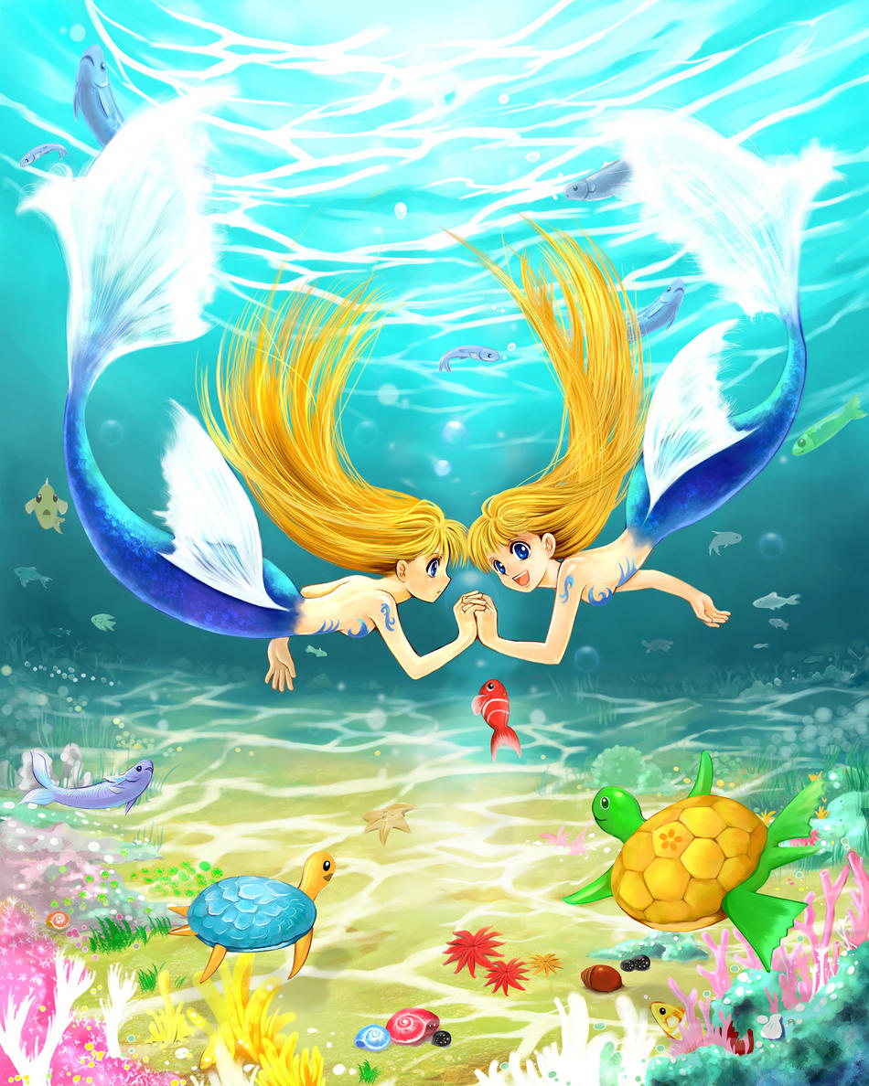 karinda, twenty, artist request, 2girls, blonde hair, blue eyes, fish, holding hands, long hair, mermaid, monster girl, multiple girls, shell, siblings, sisters, smile, starfish, topless female, turtle, twins, underwater, water