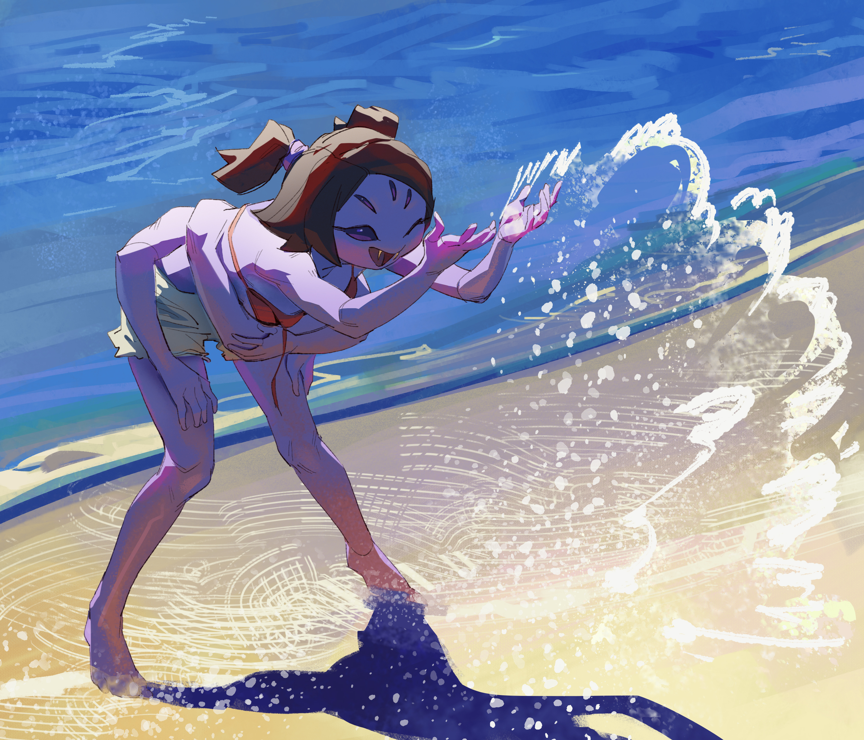 zeker art, muffet, undertale, utdr (toby fox), arthropod, absurdres, highres, 1girl, alternate costume, animal hands, arm at side, arthropod girl, arthropod limbs, bare arms, bare shoulders, beach, bikini, black eyes, black hair, black sclera, blunt bangs, blush, boots, bra, bra strap, braid, breasts, bug, chibi, closed eyes, coat, colored sclera, colored skin, crossed arms, extra arms, extra eyes, extra pupils, fangs, fangs out, full body, half-closed eyes, hands on own leg, hands on own thighs, hands up, happy, insect girl, laughing, light blush, no shirt, ocean, one eye closed, open mouth, outdoors, own hands together, partially shaded face, purple skin, red bikini, red bra, ripples, sand, shaded face, shadow, short hair, short shorts, shorts, small breasts, smile, solo, spider, spider girl, splashing, spread fingers, standing, string bikini, swimsuit, underwear, wading, waves