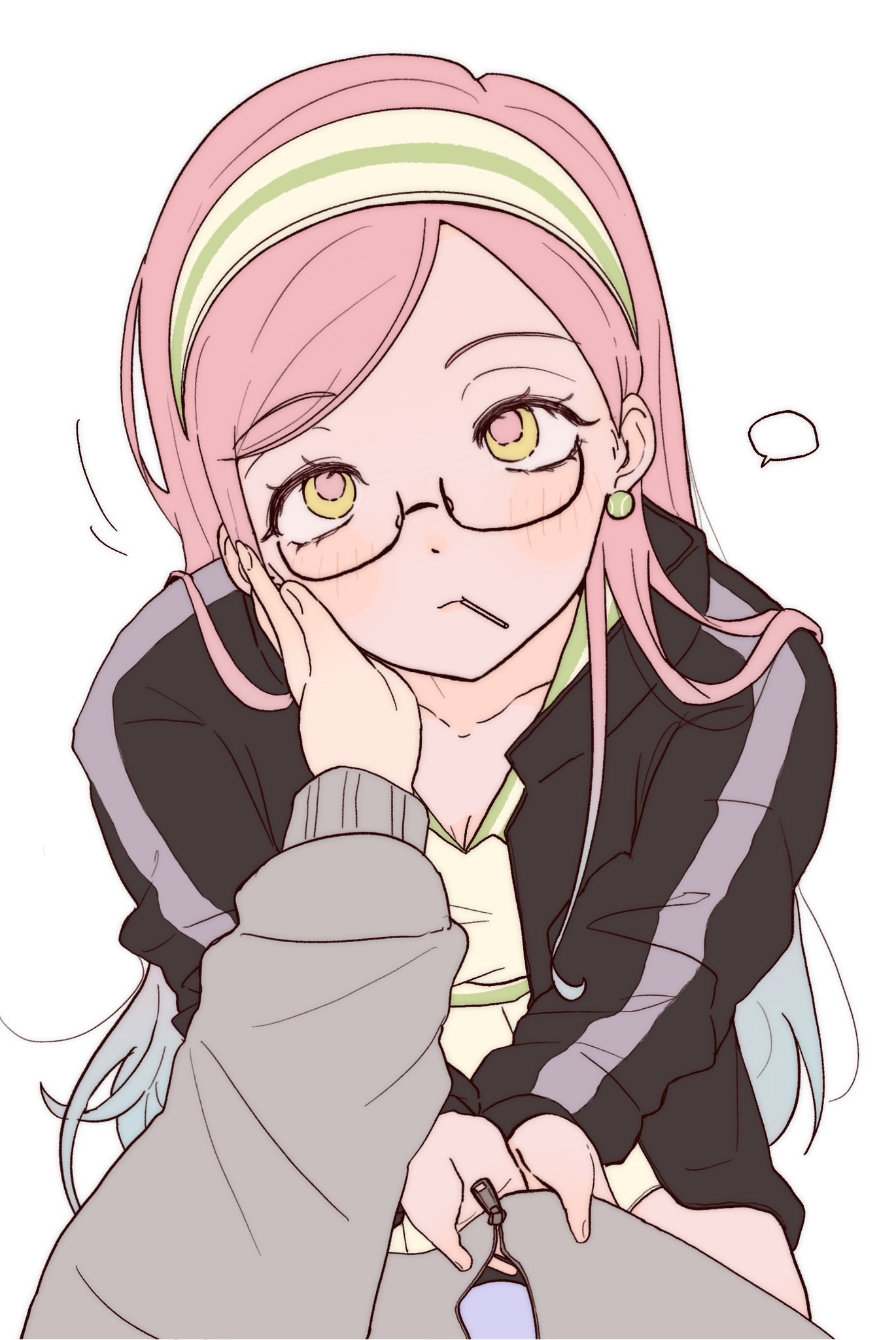 coldmeow, mizi (alien stage), sua (alien stage), alien stage, commentary, english commentary, highres, 2girls, black jacket, blank speech bubble, earrings, female pov, glasses, green hairband, grey jacket, hairband, hand on another's face, jacket, jewelry, long hair, multicolored hairband, multiple girls, official alternate costume, pink hair, pov, solo focus, speech bubble, striped clothes, striped hairband, two-tone hairband, white hairband, yellow eyes, yuri, zipper pull tab