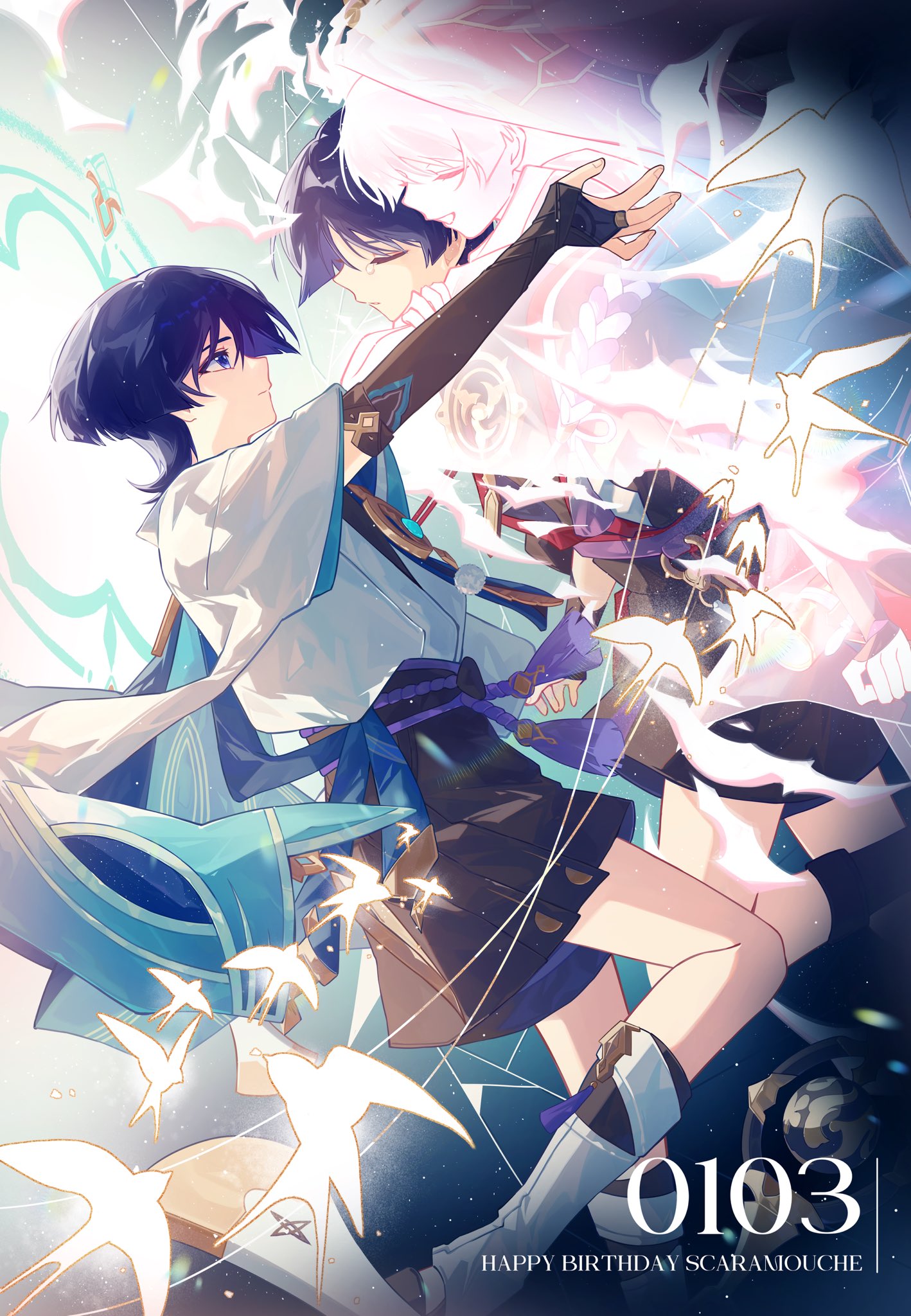 makisa (wim), scaramouche (genshin impact), scaramouche (kabukimono) (genshin impact), wanderer (genshin impact), genshin impact, highres, 1boy, bird, character name, elbow gloves, full body, gloves, gold trim, happy birthday, hug, hug from behind, japanese clothes, looking at another, male focus, multiple persona, official alternate costume, purple eyes, purple hair, tears