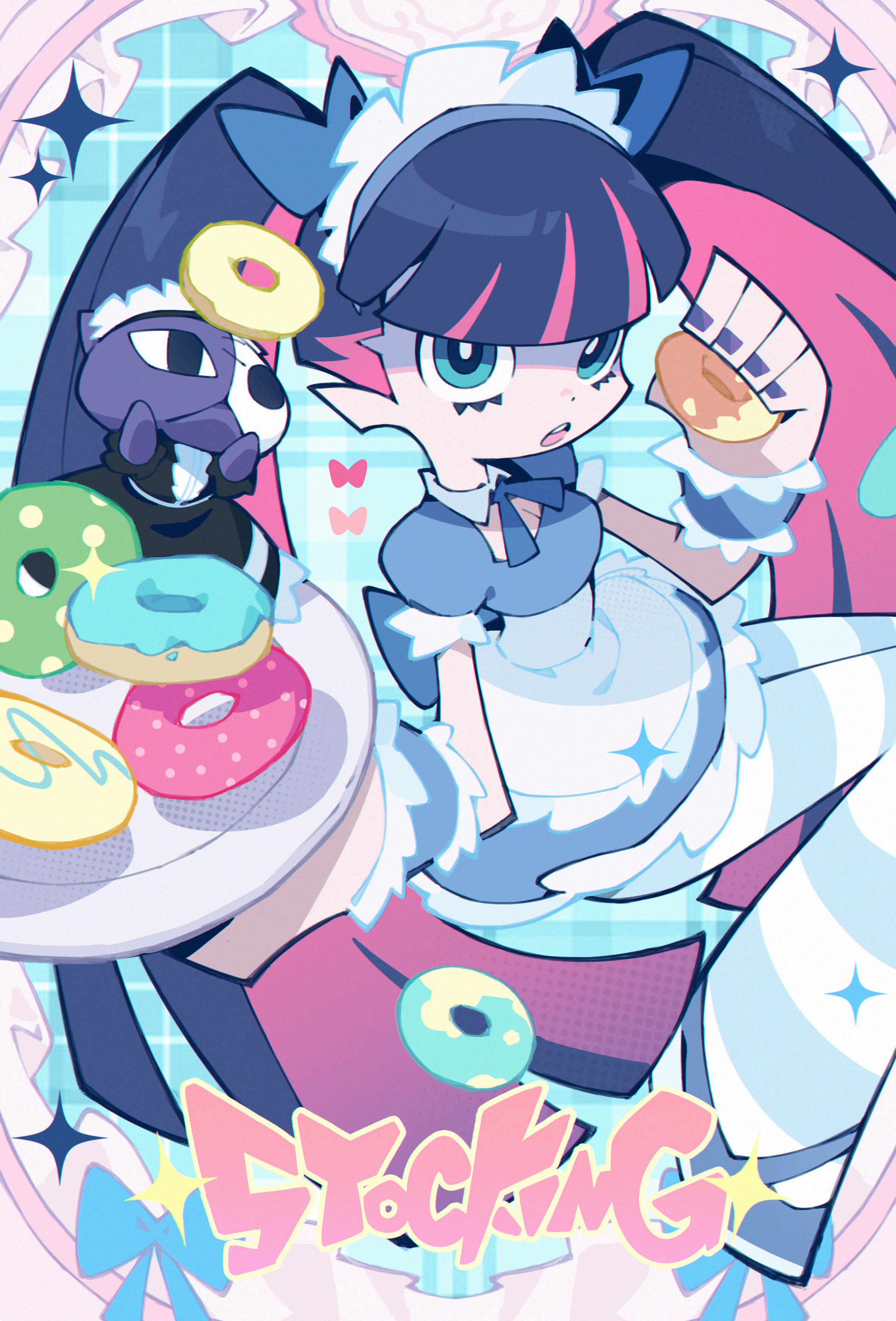 carelier11, honekoneko (psg), stocking (psg), panty & stocking with garterbelt, absurdres, highres, 1girl, aqua eyes, ben-day dots, blue bow, blue dress, blue hair, blue wrist cuffs, bow, breasts, character name, cleavage, cleavage cutout, clothing cutout, colored inner hair, donut, dress, food, hair bow, holding, holding donut, holding food, holding plate, maid, maid headdress, multicolored hair, pink hair, plate, purple nails, screentones, shadow, striped clothes, striped thighhighs, thighhighs, twintails, wrist cuffs