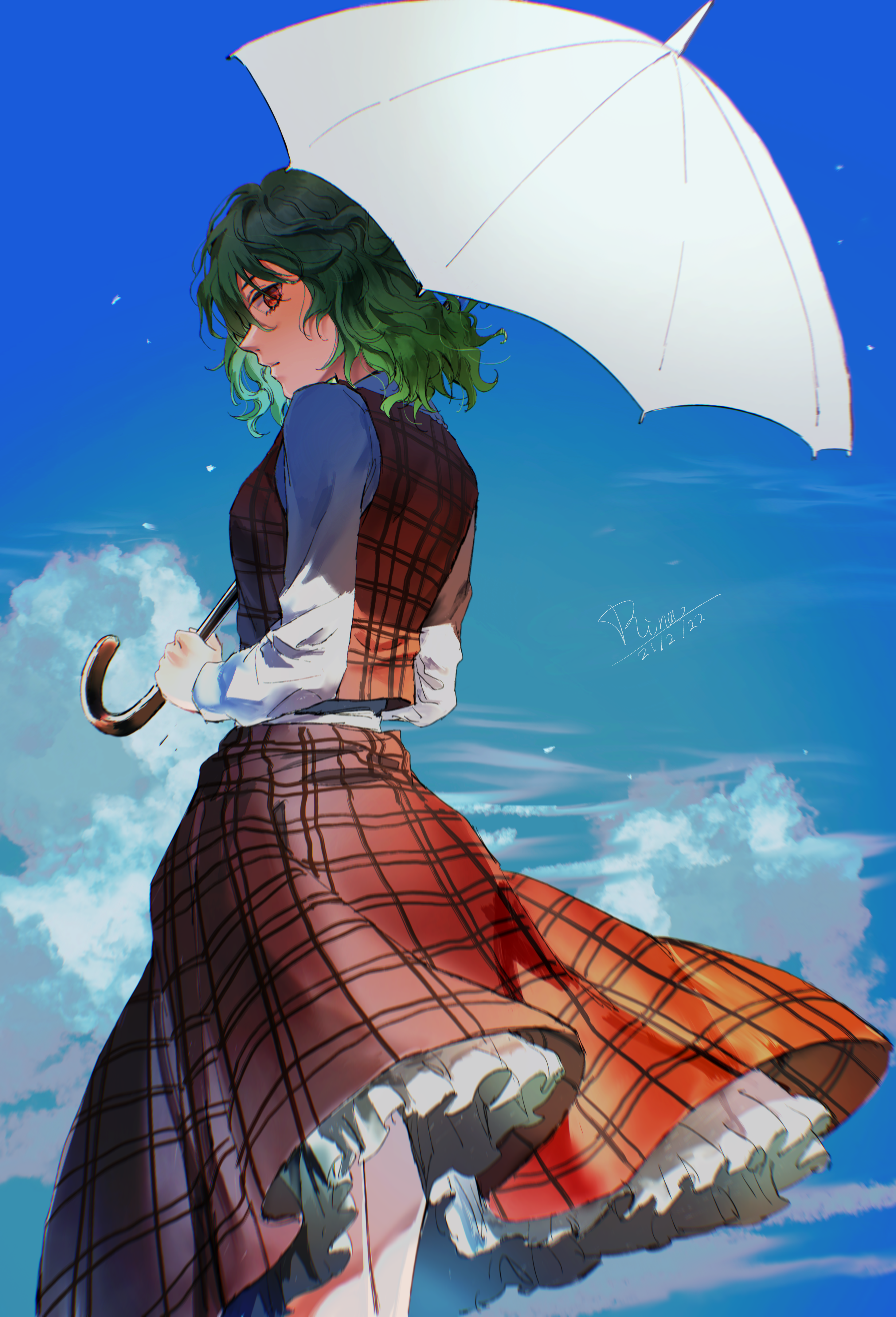 aihara-rina, kazami yuuka, touhou, absurdres, chinese commentary, commentary request, highres, 1girl, artist name, bird, blue sky, blurry, blurry background, blurry foreground, breasts, chromatic aberration, closed mouth, cloud, collared shirt, cowboy shot, cumulonimbus cloud, dated, day, expressionless, from behind, green hair, hair between eyes, holding, holding umbrella, long skirt, long sleeves, looking at viewer, looking back, looking to the side, parasol, petticoat, plaid clothes, plaid skirt, plaid vest, red eyes, red skirt, red vest, shirt, short hair, signature, skirt, skirt set, sky, small breasts, solo, standing, thighs, umbrella, vest, wavy hair, white shirt, wind