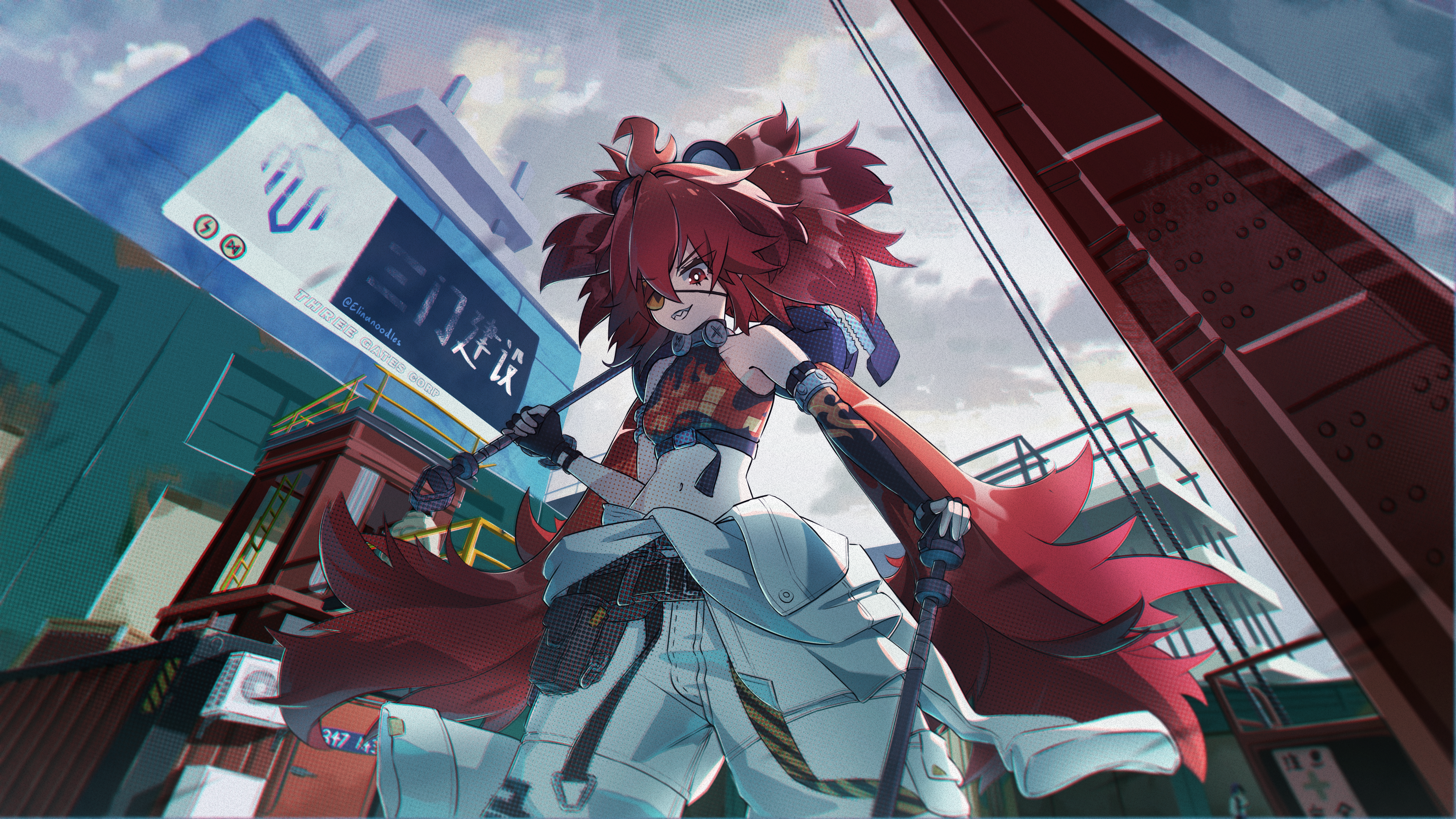 elinanoodles, koleda belobog, original, zenless zone zero, absurdres, highres, 1girl, ahoge, animal ears, bare shoulders, bear ears, black gloves, breasts, crop top, eyepatch, fake animal ears, fingerless gloves, gloves, hair between eyes, hair ornament, holding, long hair, looking at viewer, midriff, navel, pants, red eyes, red hair, solo, sphere hair ornament, twintails