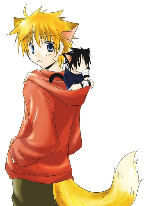uchiha sasuke, uzumaki naruto, naruto (classic), naruto (series), artist request, 2boys, animal ears, black eyes, black hair, blonde hair, blue eyes, cat, cat ears, cat tail, chibi, fox, fox ears, fox tail, multiple boys, tail