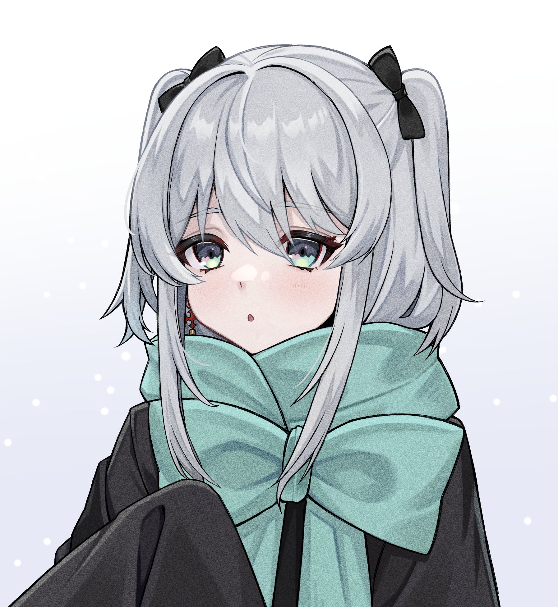 ziu, nekomugi tororo, indie virtual youtuber, commentary, hashtag-only commentary, highres, 1girl, black bow, black jacket, blush, bow, earrings, green eyes, green scarf, grey hair, hair bow, heart, heart in eye, jacket, jewelry, open mouth, scarf, sleeves past fingers, sleeves past wrists, solo, symbol in eye, two side up, virtual youtuber, white background