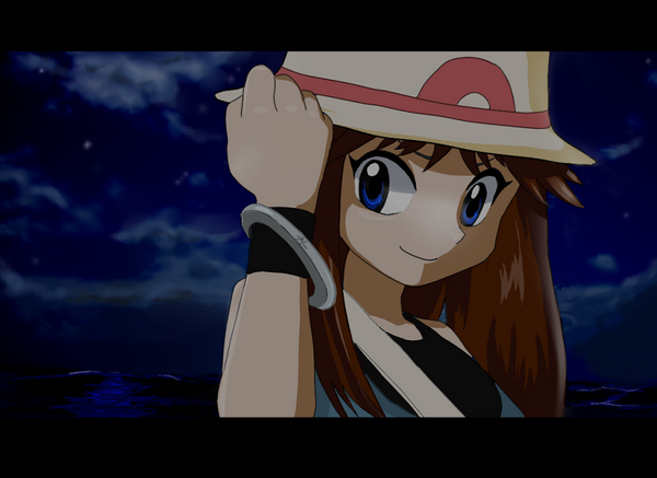 yamamoto satoshi, green (pokemon), nintendo, pokemon, pokemon adventures, pokemon rgby, pokemon special anime, bad id, bad pixiv id, 1990s (style), blue eyes, bracelet, brown hair, cloud, hat, jewelry, letterboxed, long hair, night, ocean, porkpie hat, retro artstyle, sky, smile, solo, wristband