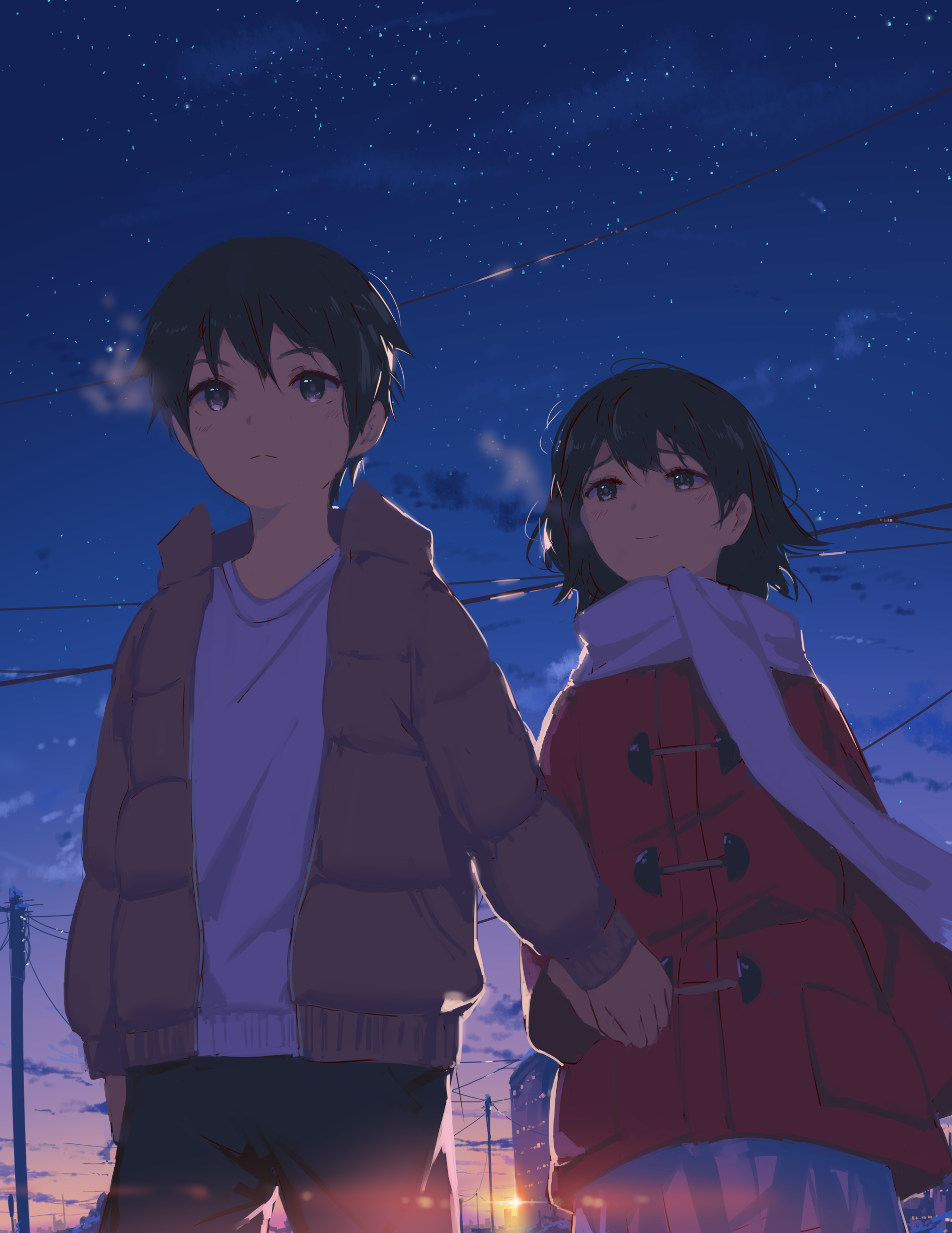 arttsam, fujinuma satoru, hinazuki kayo, boku dake ga inai machi, absurdres, highres, 1boy, 1girl, black hair, black pants, breath, brown coat, coat, hair between eyes, holding hands, long sleeves, looking at another, outdoors, pants, power lines, red coat, scarf, shirt, short hair, sky, star (sky), starry sky, sunset, utility pole, white scarf, white shirt