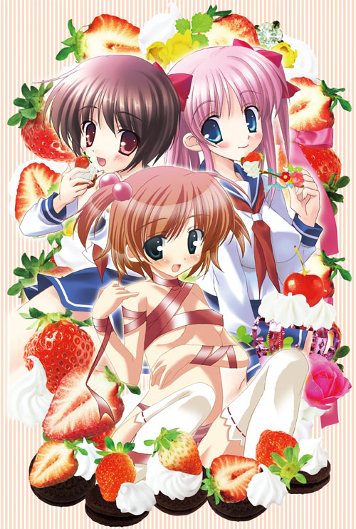 takatori umi (artist), haramura nodoka, kataoka yuuki, miyanaga saki, saki (manga), 00s, blue eyes, blush, bow, brown eyes, brown hair, fang, food, fruit, hair bobbles, hair bow, hair ornament, long hair, naked ribbon, pink hair, ribbon, school uniform, serafuku, short hair, strawberry, thighhighs, twintails