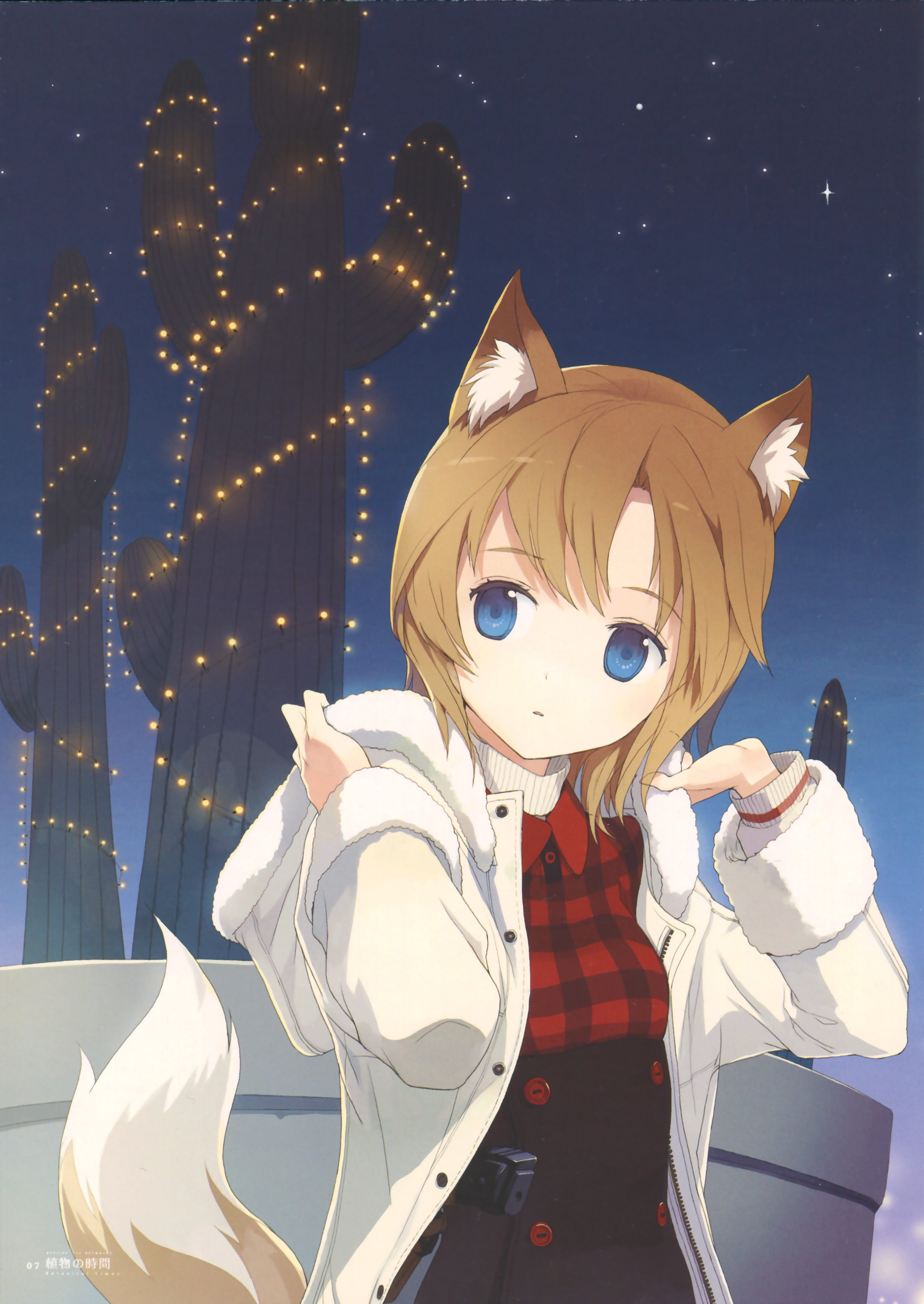 tiv, absurdres, highres, 1girl, animal ears, blonde hair, blue eyes, cactus, female focus, fox ears, gun, jacket, night, short hair, sky, solo, star (sky), star (symbol), starry sky, tail, weapon