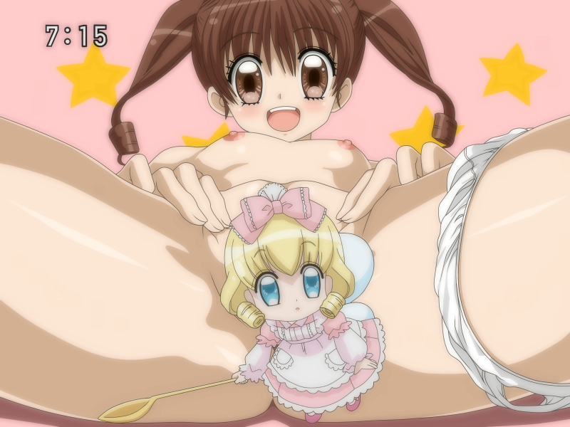 amano ichigo, vanilla (yumeiro), yumeiro patissiere, 00s, brown hair, covering privates, happy, loli