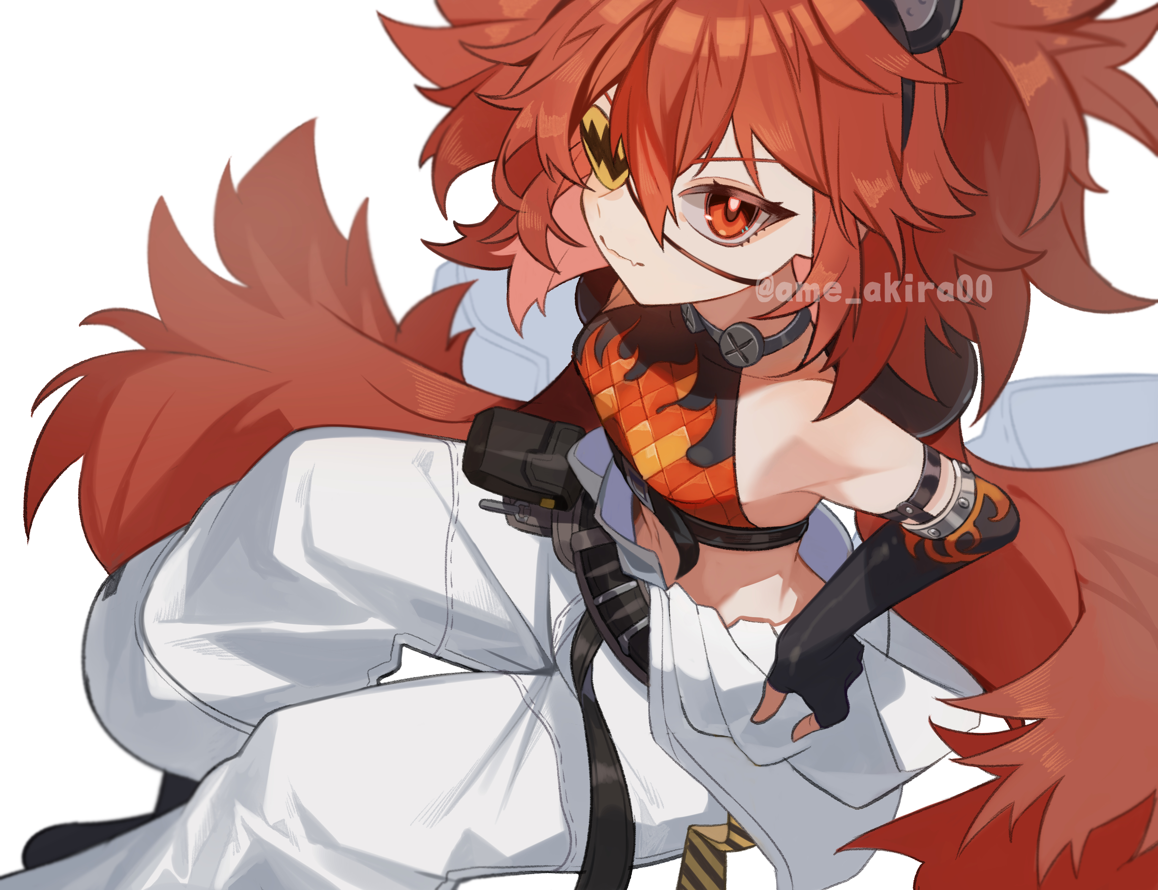 ame akira, koleda belobog, zenless zone zero, absurdres, highres, 1girl, ahoge, animal ears, bare shoulders, bear ears, black gloves, breasts, crop top, eyepatch, fake animal ears, fingerless gloves, gloves, hair between eyes, hair ornament, long hair, looking at viewer, midriff, navel, pants, red eyes, red hair, solo, sphere hair ornament, twintails