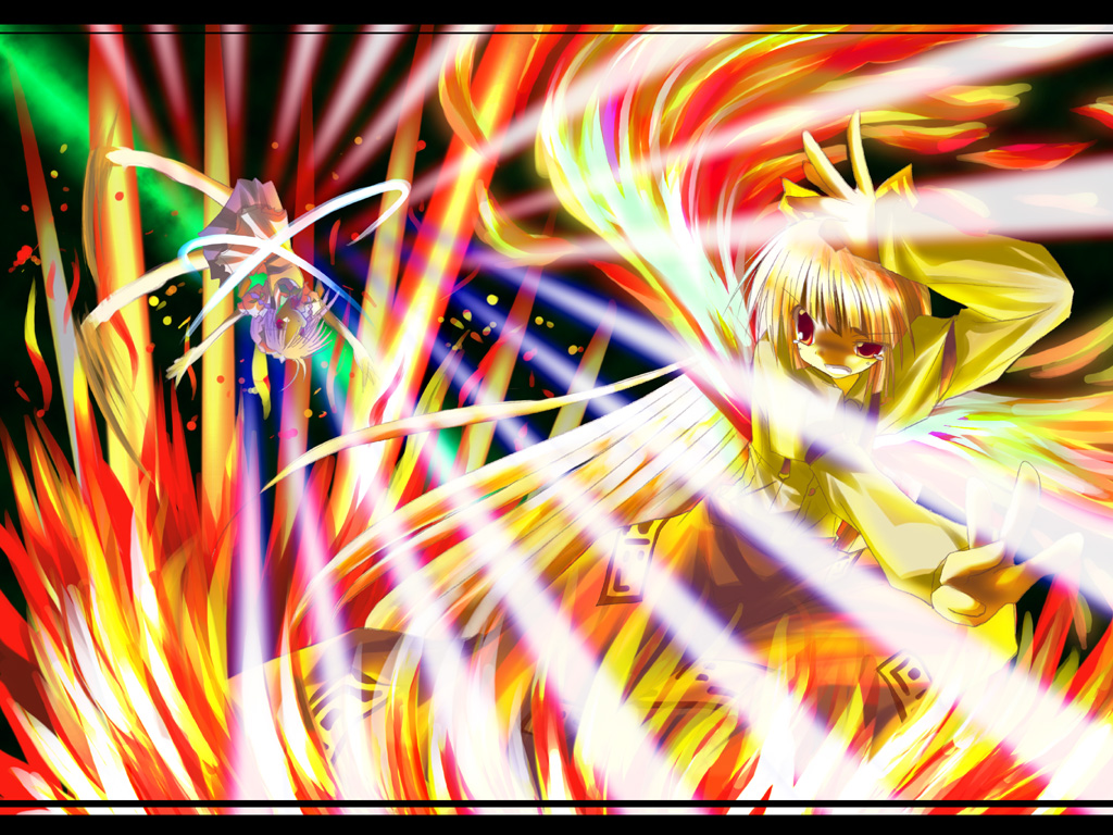 fujiwara no mokou, izayoi sakuya, touhou, silver hair, 2girls, bow, female focus, hair bow, long hair, multiple girls, red eyes, suspenders, very long hair