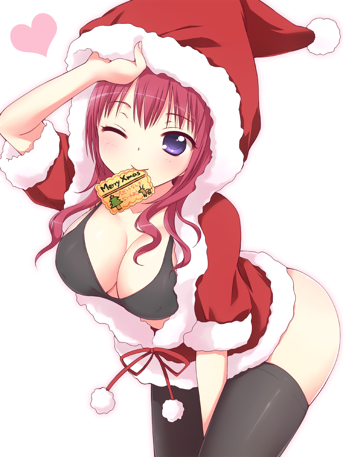 usashiro mani, original, eyebrows, highres, 1girl, between legs, between thighs, black bra, black thighhighs, blush, bra, breasts, christmas, cleavage, collarbone, cowboy shot, female focus, fingernails, fur trim, hand between legs, hat, heart, holding, large breasts, legs together, lingerie, long hair, looking at viewer, merry christmas, mouth hold, one eye closed, pink hair, pom pom (clothes), purple eyes, santa costume, santa hat, short sleeves, simple background, skindentation, smile, solo, thighhighs, underwear, white background, wink
