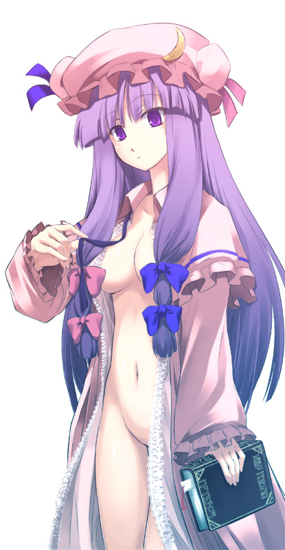 ouma tokiichi, patchouli knowledge, touhou, untied, 1girl, book, bow, breasts, crescent, crescent moon, female focus, groin, hair bow, hair ribbon, large breasts, long hair, moon, multiple hair bows, navel, no bra, no panties, open clothes, open robe, purple eyes, purple hair, ribbon, robe, simple background, solo, standing