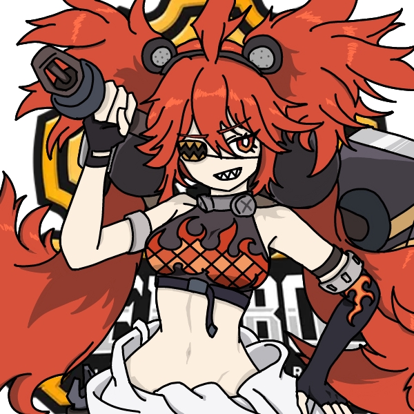 koleda belobog, zenless zone zero, 1girl, ahoge, animal ears, bare shoulders, bear ears, black gloves, breasts, crop top, dominion (trickygear), eyepatch, fake animal ears, fingerless gloves, gloves, hair between eyes, hair ornament, holding, long hair, looking at viewer, midriff, navel, pants, red eyes, red hair, solo, sphere hair ornament, twintails