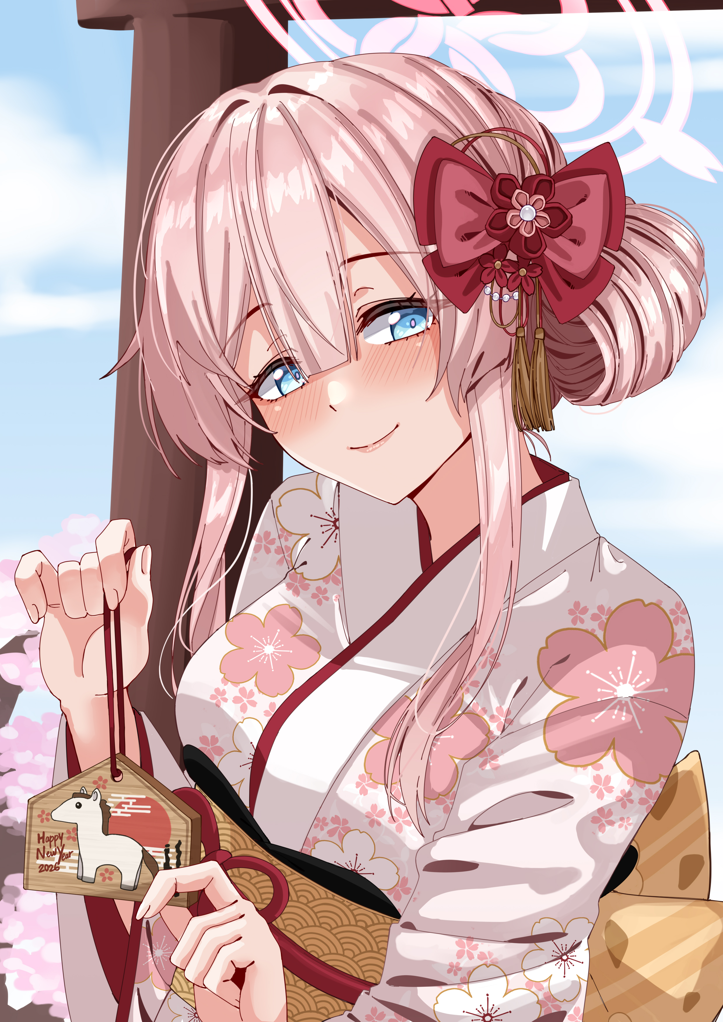 rynn (darknescorez), mimori (blue archive), blue archive, absurdres, commentary, highres, 1girl, alternate costume, blue eyes, blue sky, bow, closed mouth, ema, floral print, floral print kimono, flower, hair between eyes, hair bow, hair flower, hair ornament, halo, happy new year, holding, holding ema, japanese clothes, kimono, new year, obi, obijime, outdoors, pink hair, pink halo, pink kimono, pink pupils, print kimono, red bow, red flower, sash, sky, smile, solo, torii, updo, upper body