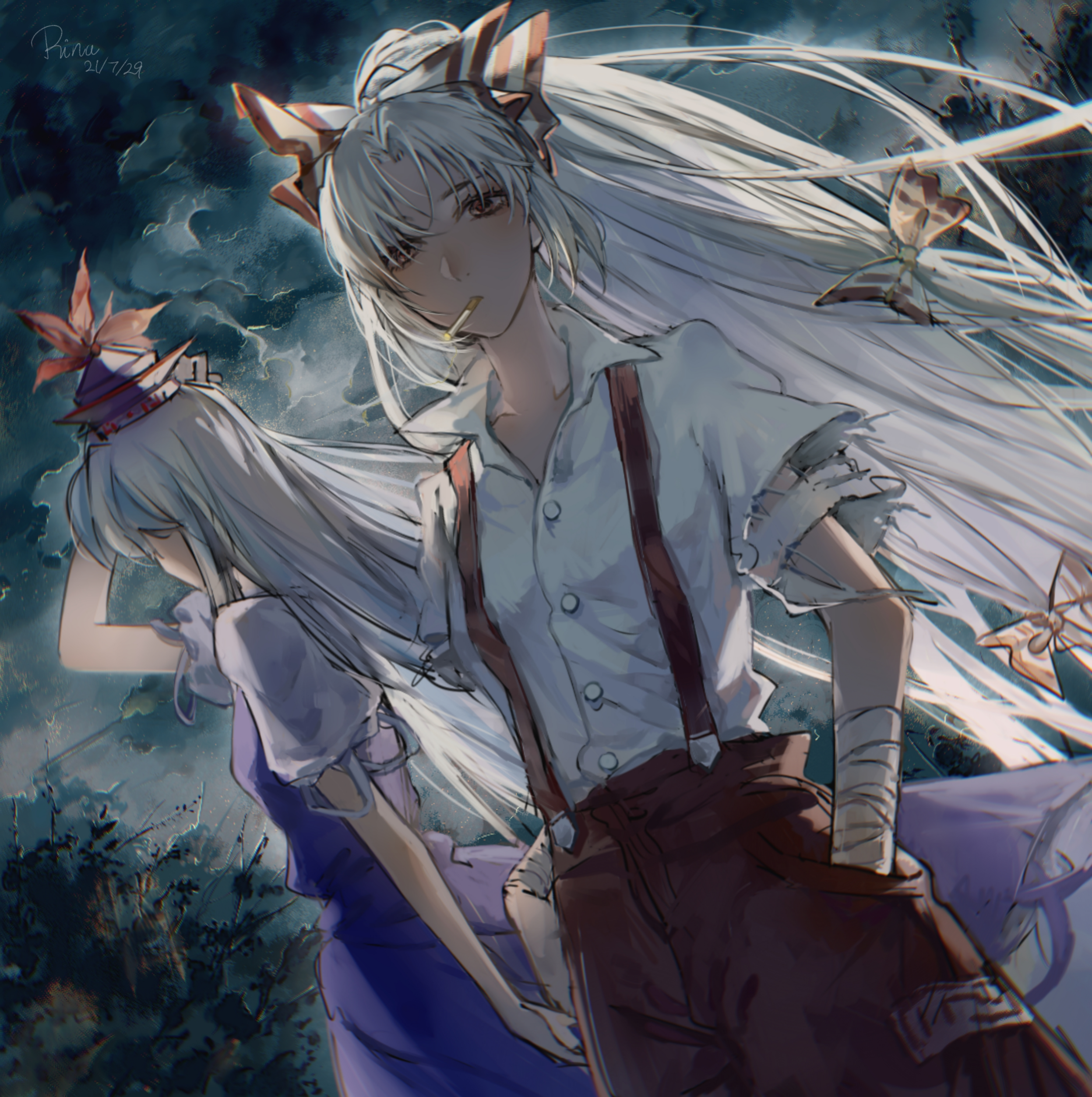 aihara-rina, fujiwara no mokou, kamishirasawa keine, touhou, absurdres, chinese commentary, commentary request, highres, 2girls, bandaged arm, bandages, blue dress, blue hat, bow, cigarette, collared shirt, cowboy shot, dated, dress, dutch angle, hair bow, hand in pocket, hand on own head, hat, long hair, looking at viewer, multiple girls, ofuda, ofuda on clothes, pants, parted bangs, puffy short sleeves, puffy sleeves, red bow, red eyes, red pants, shirt, short sleeves, signature, smoking, suspenders, torn clothes, torn sleeves, two-tone bow, very long hair, white bow, white shirt