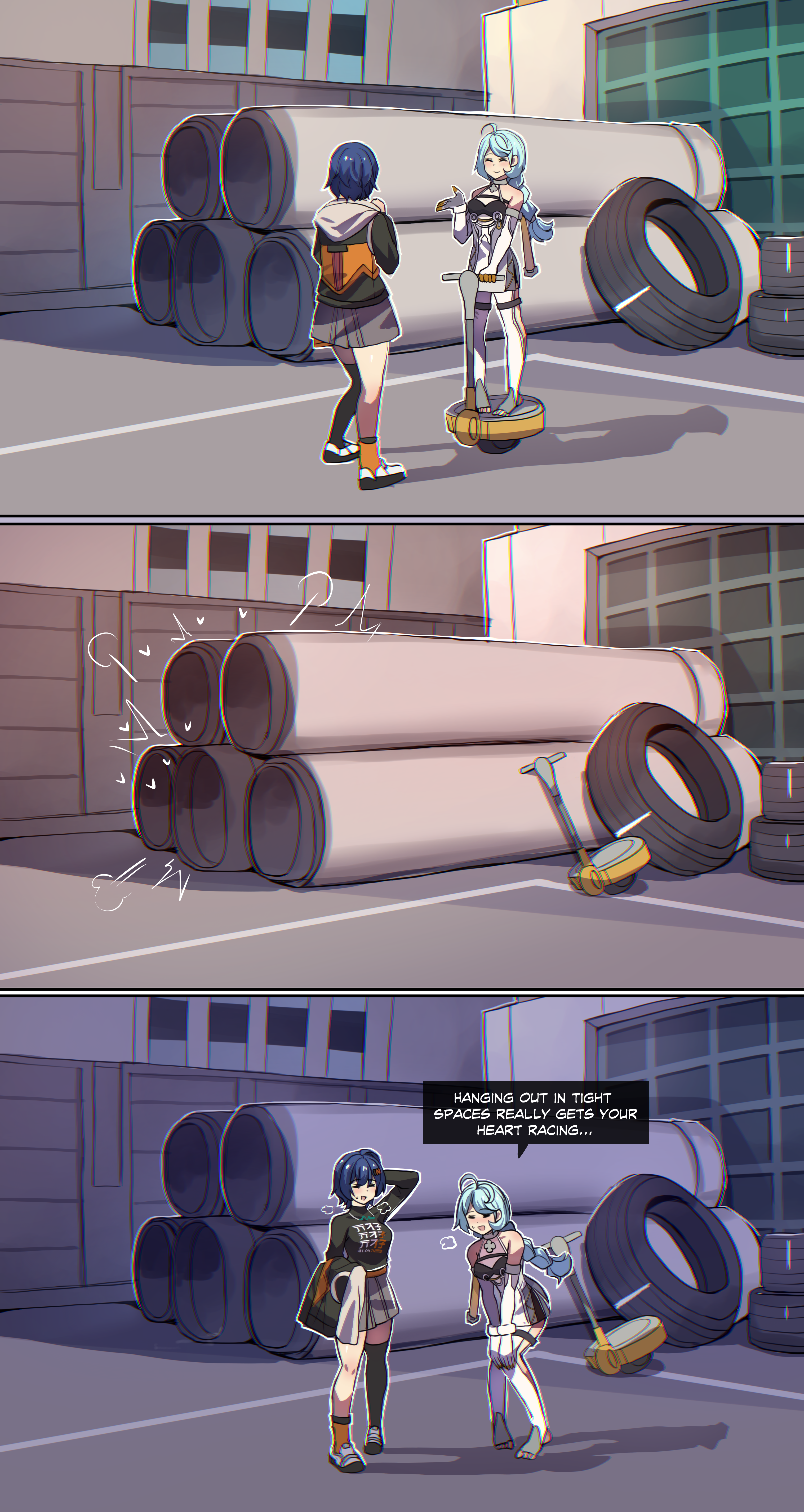 hinghoi, belle (zenless zone zero), seed (zenless zone zero), zenless zone zero, absurdres, commentary, english commentary, highres, 2girls, ahoge, bare shoulders, blue hair, blush, braid, breasts, earrings, elbow gloves, english text, full body, gloves, hair between eyes, hair ornament, implied sex, jacket, jewelry, latex pants, long hair, long sleeves, mole, mole on shoulder, multiple girls, open mouth, outdoors, see-through dress layer, segway, shadow, shirt, short hair, smile, toeless legwear, toes, unused tire, white gloves, yuri