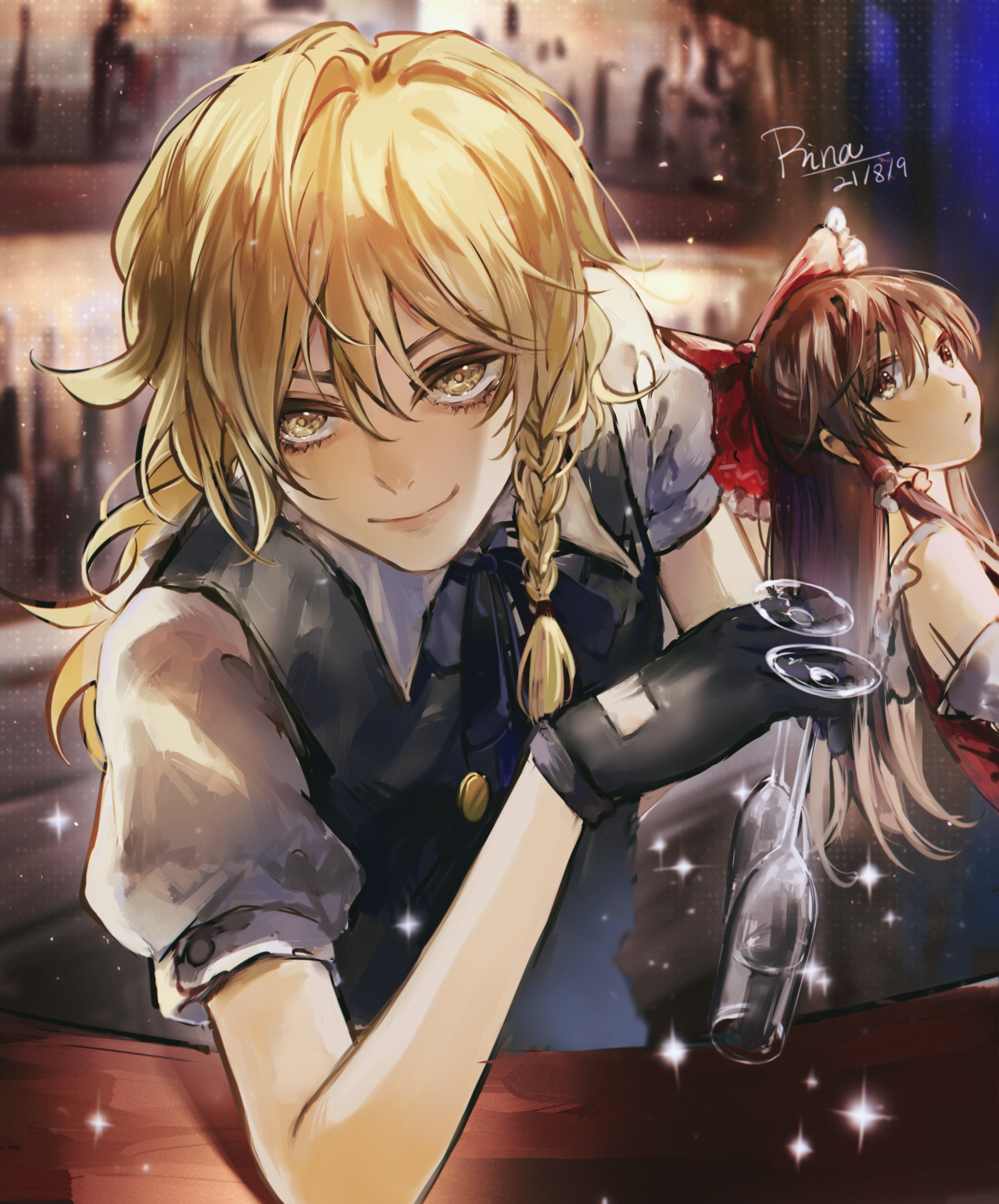 aihara-rina, hakurei reimu, kirisame marisa, touhou, absurdres, chinese commentary, commentary request, highres, 2girls, bar (place), bare shoulders, bartender, black gloves, black vest, blonde hair, blush, braid, brown eyes, brown hair, collared shirt, cup, detached sleeves, drinking glass, eyelashes, gloves, lips, looking at viewer, looking back, multiple girls, no headwear, puffy short sleeves, puffy sleeves, shirt, short sleeves, sidelocks, single braid, sitting, smile, sparkle, standing, table, vest, white shirt, wine glass, wing collar, yellow eyes