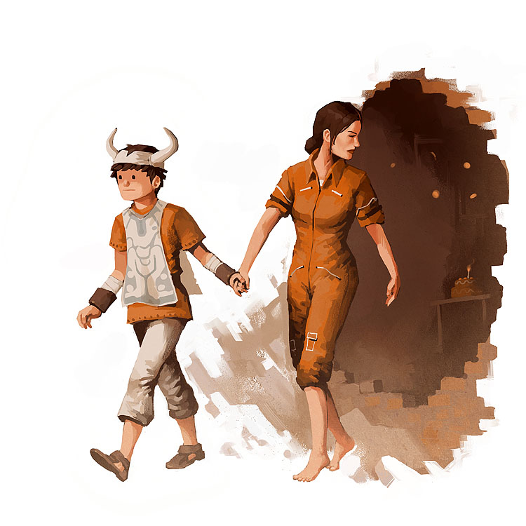 junkboy, chell, ico (character), ico, portal (series), portal 1, traditional media, . ., 1boy, 1girl, barefoot, brown hair, cake, crossover, epic, food, hetero, holding hands, horns, jumpsuit, orange jumpsuit, parody, pastry, ponytail, sleeves rolled up, surcoat, tabard, valve