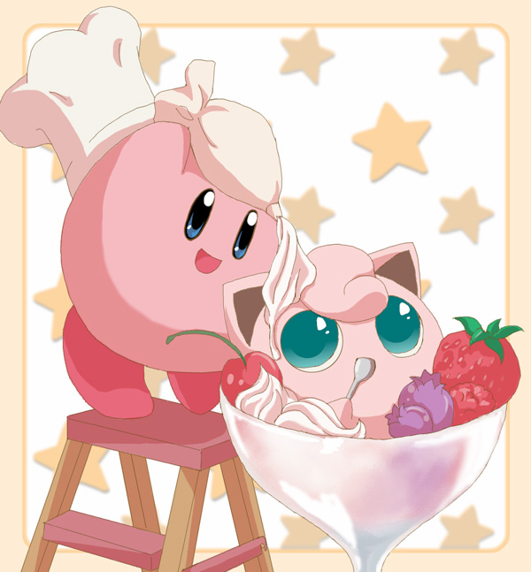 honcha, cook kirby, jigglypuff, kirby, kirby (series), nintendo, pokemon, super smash bros., aqua eyes, bad food, blue eyes, blueberry, chef hat, cherry, creature as food, cup, dessert, disposable cup, disposable ice cream cup, eating, food, food on head, fruit, gen 1 pokemon, hat, icing, in container, in cup, in food, ladder, looking at another, looking down, looking up, no humans, object on head, oversized object, parfait, pokefood, pokemon (creature), raspberry, spoon, star (symbol), strawberry