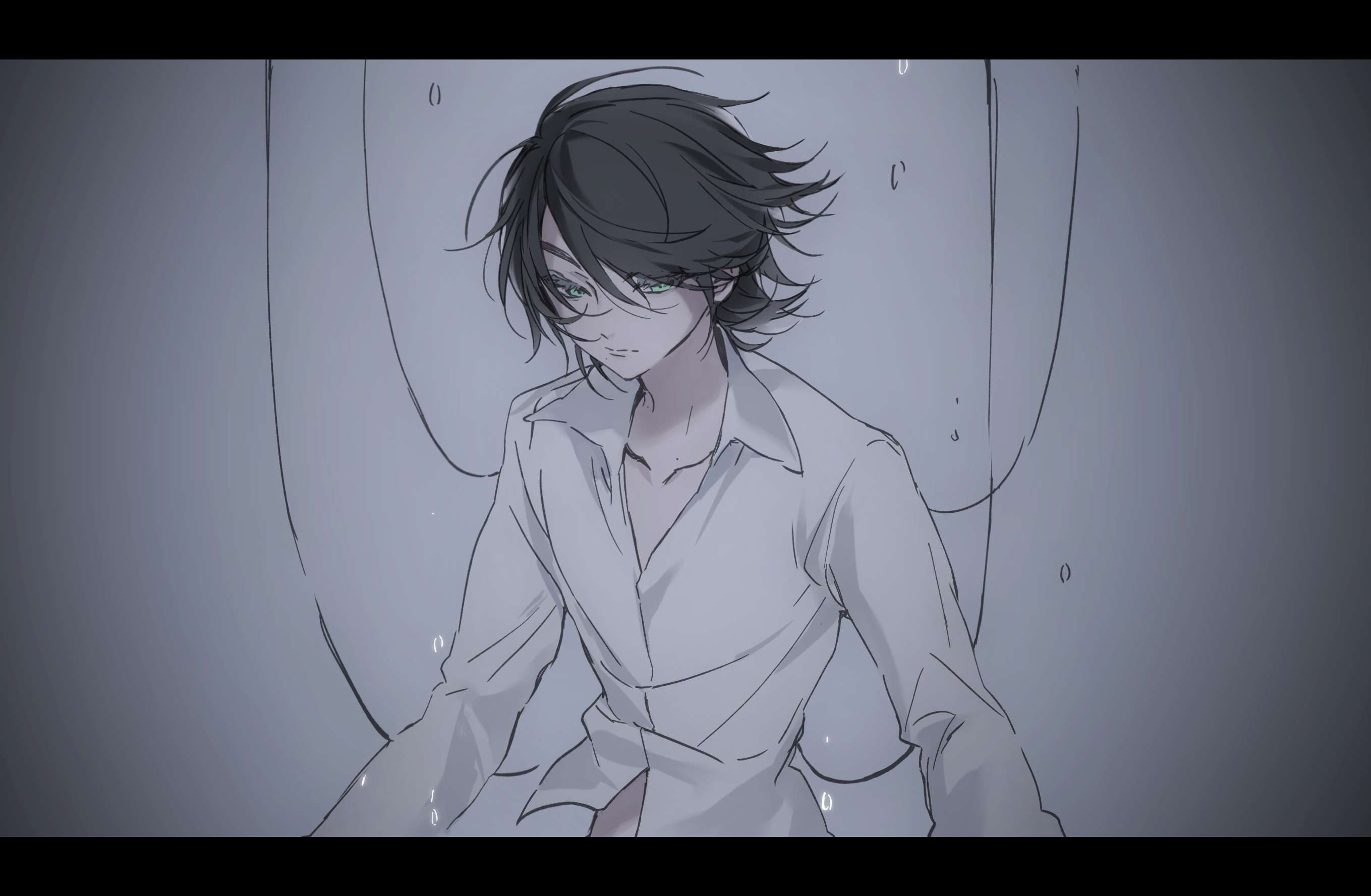 hanaseto, philip (kamen rider), kamen rider, kamen rider w, highres, variant set, 1boy, black hair, bubble, closed mouth, collarbone, collared shirt, expressionless, green eyes, grey background, hair between eyes, letterboxed, long sleeves, male focus, open collar, shirt, short hair, solo, upper body, white shirt