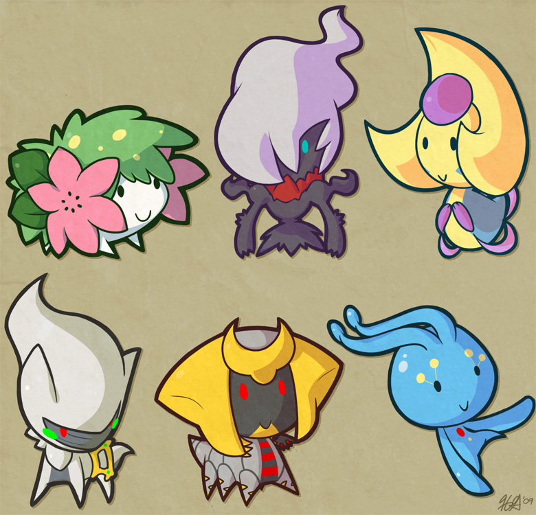 heather gibbons, arceus, cresselia, darkrai, giratina, giratina (altered), manaphy, shaymin, shaymin (land), nintendo, pokemon, pokemon dppt, 00s, alternate form, black eyes, blue eyes, blush stickers, brown background, chibi, closed mouth, full body, gen 4 pokemon, legendary pokemon, mythical pokemon, no humans, pokemon (creature), red eyes, signature, simple background, smile, solid oval eyes, standing