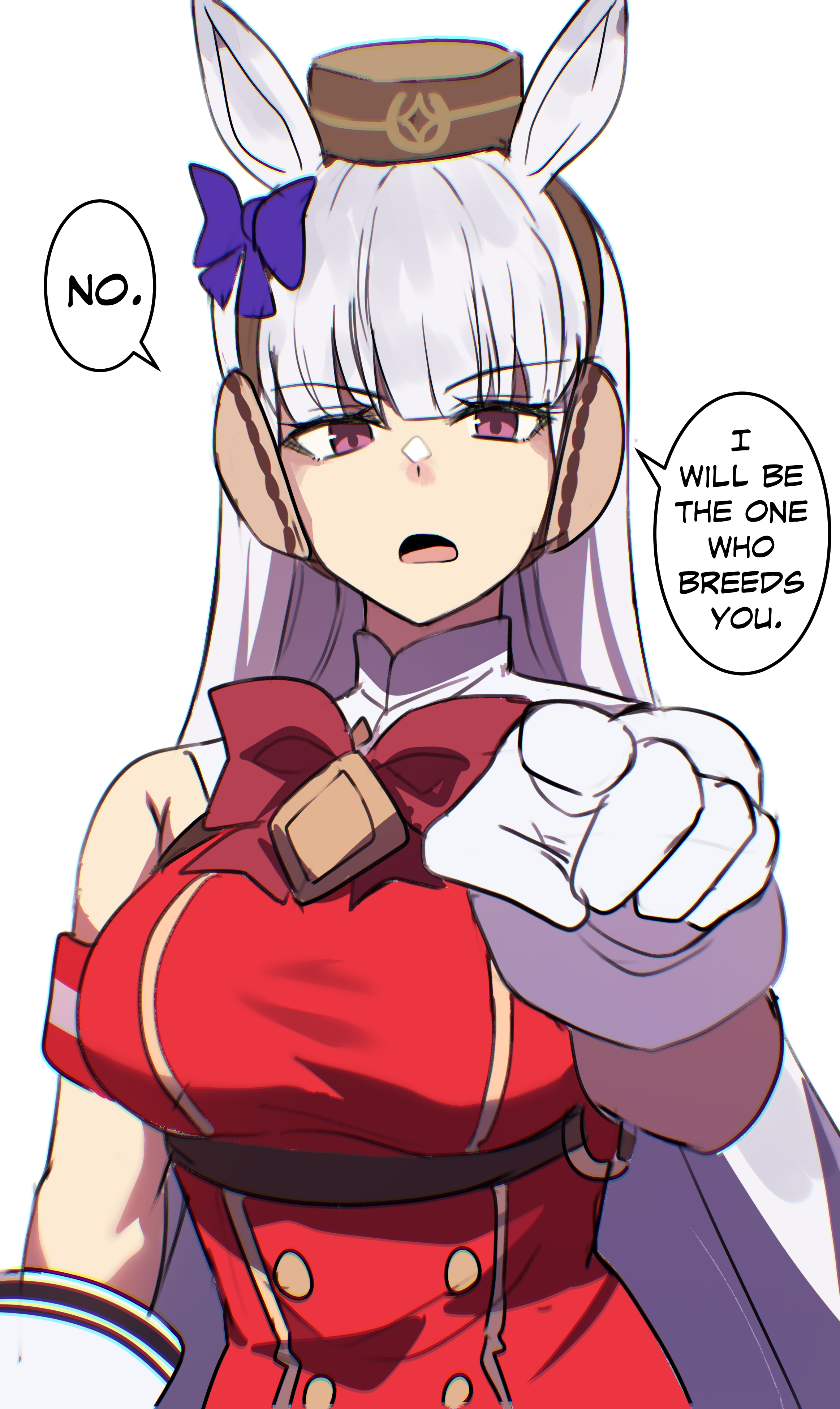 hinghoi, gold ship (red strife) (umamusume), gold ship (umamusume), umamusume, absurdres, commentary, highres, 1girl, animal ears, blunt bangs, breasts, dress, english text, foreshortening, gloves, grey hair, horse ears, horse girl, large breasts, long hair, looking at viewer, open mouth, pillbox hat, pointing, pointing at viewer, red dress, simple background, sleeveless, sleeveless dress, solo, speech bubble, upper body, very long hair, white gloves