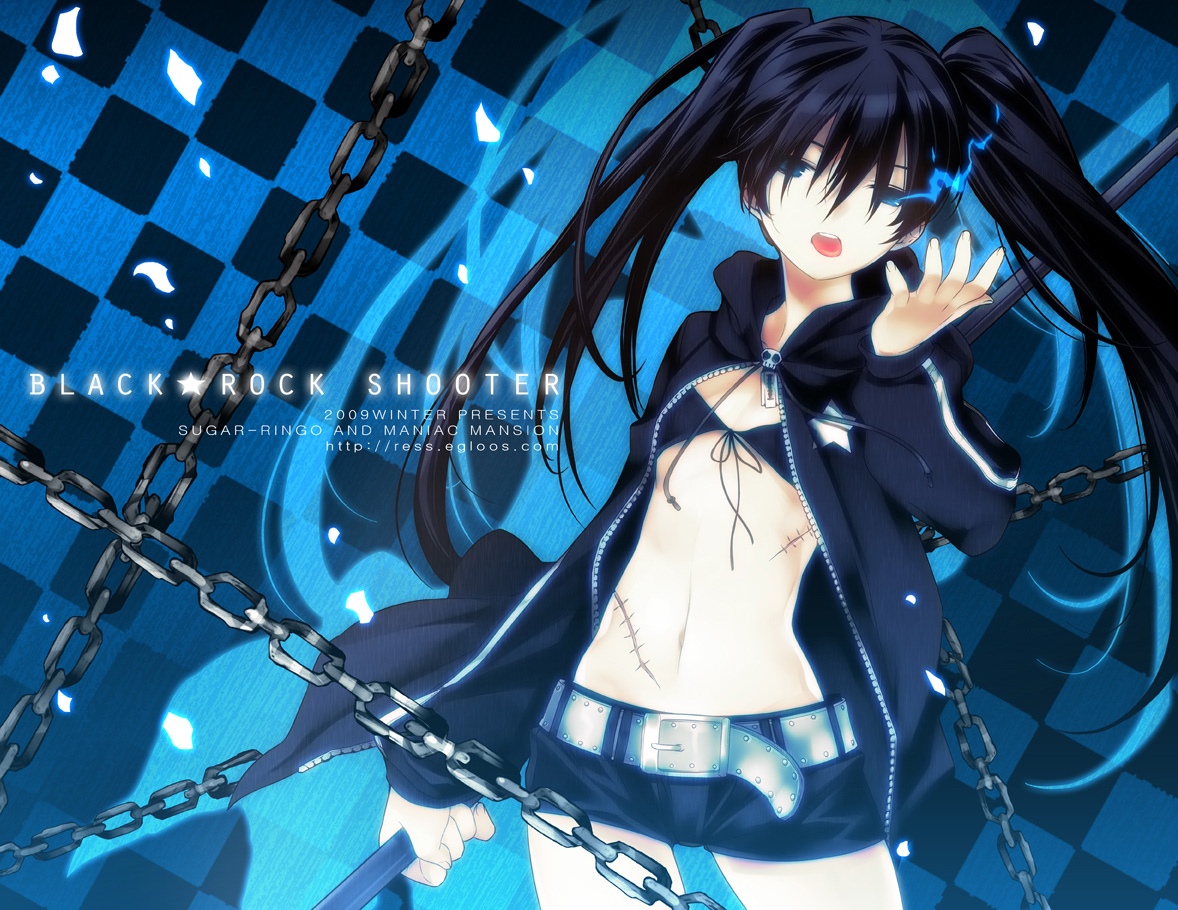 ress, black rock shooter (character), black rock shooter, 10s, black hair, blue eyes, long hair, midriff, scar, solo, tongue, twintails