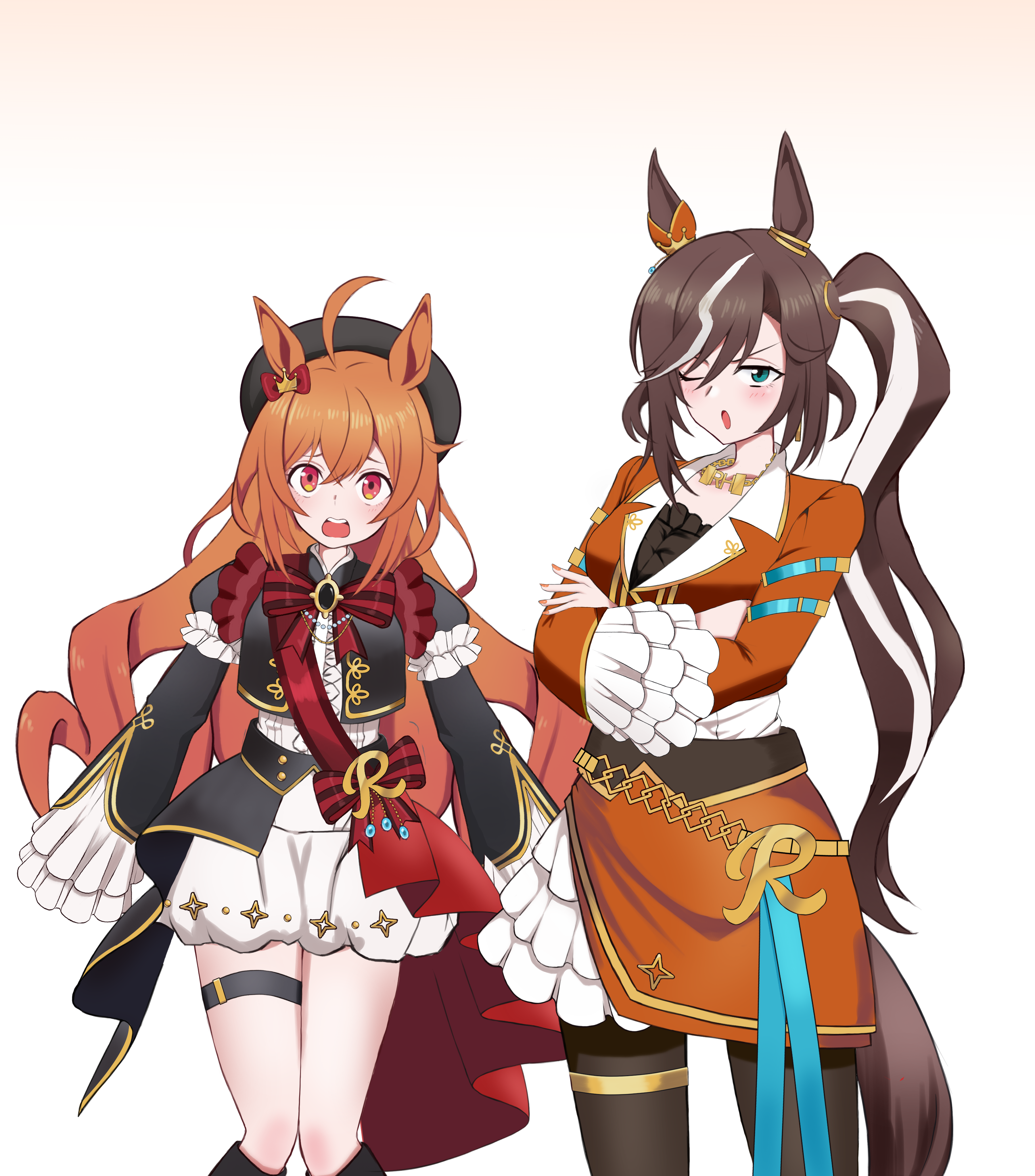 eliot, the royal family (tv series), umamusume, absurdres, commentary request, highres, textless version, translation request, 2girls, ahoge, animal ears, beret, blue eyes, blush, boots, breasts, brown hair, crossed arms, fingernails, hair between eyes, hair ornament, hat, horse ears, horse girl, looking at viewer, medium breasts, multiple girls, one eye closed, open mouth, orange hair, pantyhose, pov, pov hands, royal family (the royal family), royal hope (the royal family), side ponytail, simple background, small breasts, white background