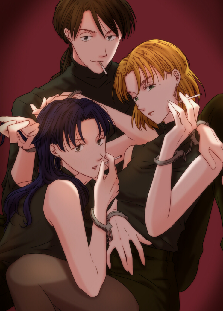 akagi ritsuko, kaji ryouji, katsuragi misato, neon genesis evangelion, 1boy, 2girls, bare arms, beard stubble, between fingers, black hair, black shirt, black skirt, blonde hair, blue hair, breasts, cigarette, closed mouth, cuffs, earrings, facial hair, green eyes, grey eyes, grey pantyhose, hand in another's hair, hand on another's shoulder, handcuffs, holding, holding cigarette, hoop earrings, jewelry, lipstick, long hair, looking at viewer, low ponytail, makeup, medium breasts, mole, mole under eye, mouth hold, multiple girls, pantyhose, parted bangs, parted lips, ponytail, red background, red lips, shared handcuffs, shirt, sitting, skirt, sleeveless, sleeveless shirt, smoking, stubble, three-quarter sleeves, turtleneck, turtleneck shirt, ysck
