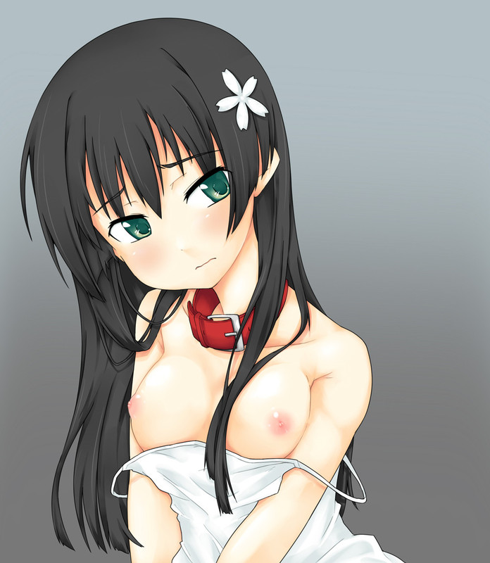 itou ayachi, saten ruiko, toaru kagaku no railgun, toaru majutsu no index, bad id, bad pixiv id, 00s, 1girl, black hair, blush, breasts, clothes pull, collar, dress pull, female focus, flower, green eyes, hair flower, hair ornament, long hair, nipples, solo, strap slip, wavy mouth