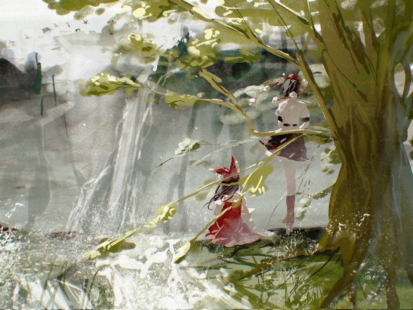 aihara-rina, hakurei reimu, shameimaru aya, touhou, chinese commentary, commentary request, 2girls, black hair, black skirt, bow, day, frilled bow, frills, geta, hair bow, hat, long hair, multiple girls, outdoors, pom pom (clothes), puffy short sleeves, puffy sleeves, red bow, red hat, red skirt, shirt, short hair, short sleeves, sitting, skirt, skirt set, standing, tengu-geta, tokin hat, tree, water, waterfall, white shirt, wide sleeves