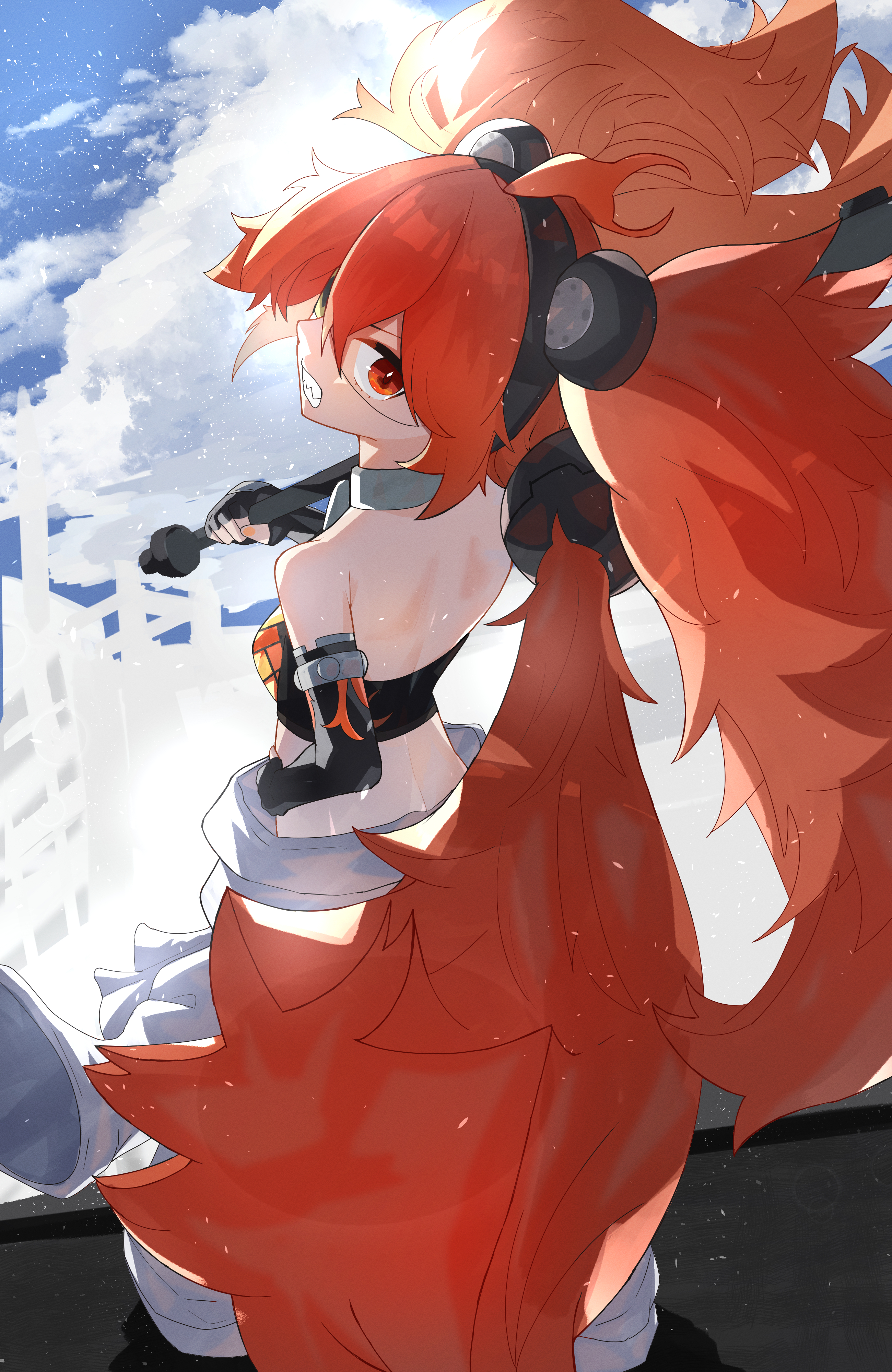 zeroartwo, koleda belobog, zenless zone zero, absurdres, highres, 1girl, ahoge, animal ears, bare shoulders, bear ears, black gloves, breasts, crop top, eyepatch, fake animal ears, fingerless gloves, gloves, hair between eyes, hair ornament, holding, long hair, looking at viewer, midriff, navel, pants, red eyes, red hair, solo, sphere hair ornament, twintails