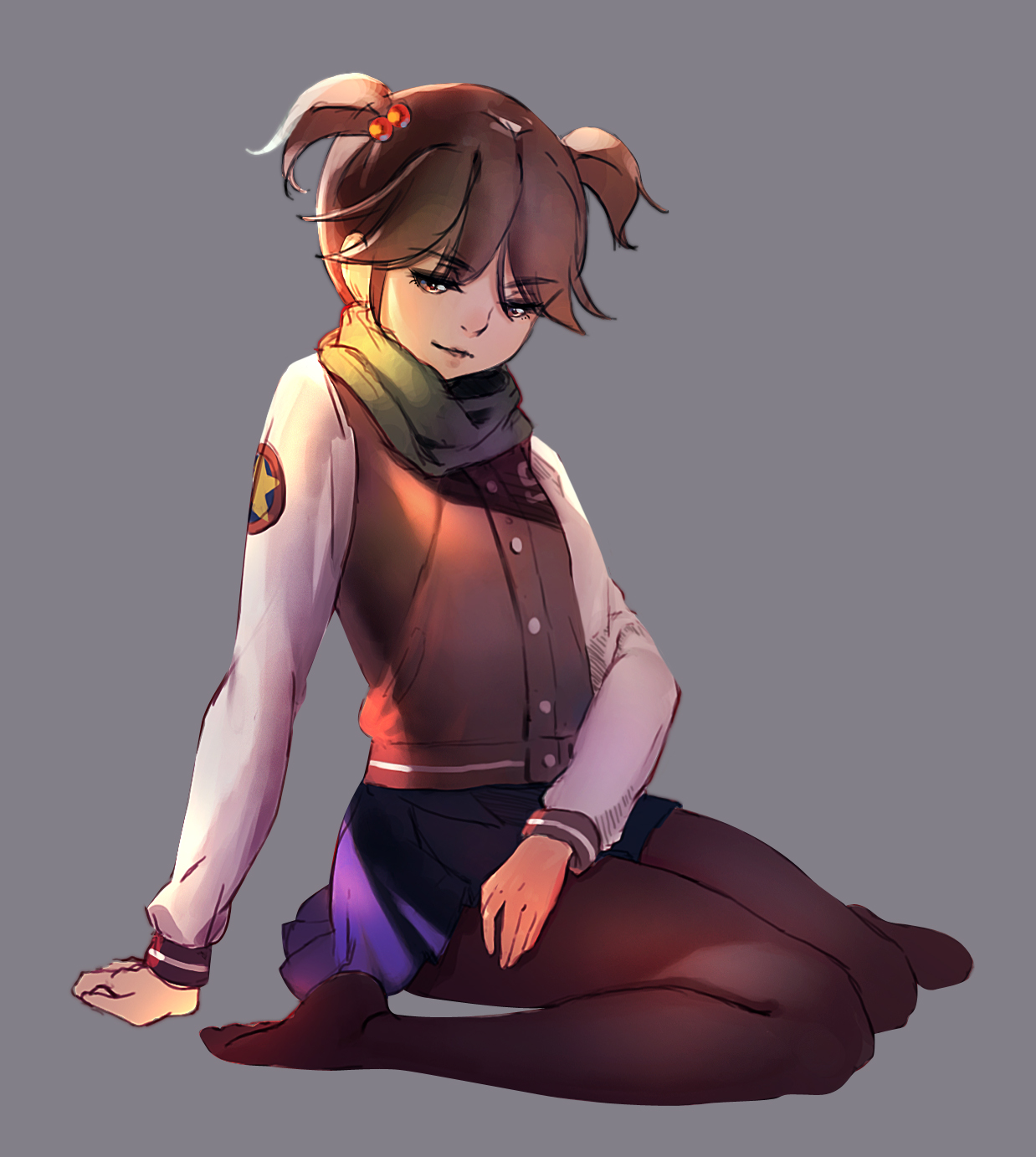 adam19880119, yanagihara misato, boku dake ga inai machi, highres, 1girl, arm support, black pantyhose, full body, grey background, hair bobbles, hair ornament, jacket, kneeling, long sleeves, looking at viewer, pantyhose, parted lips, solo, twintails