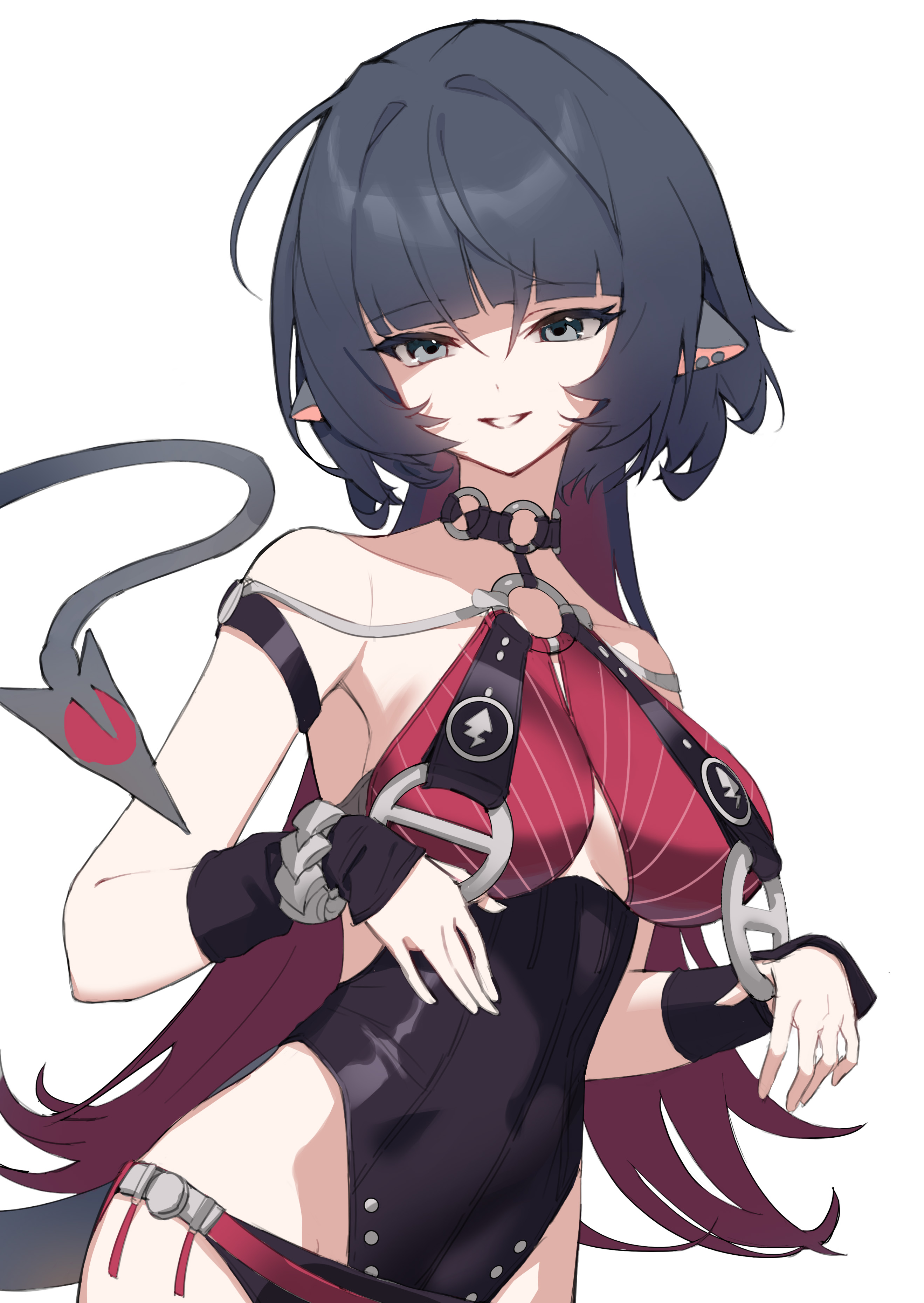 ogye 01, jane doe (nocturne of light) (zenless zone zero), jane doe (zenless zone zero), zenless zone zero, absurdres, commentary, highres, 1girl, animal ear piercing, animal ears, arm strap, bare shoulders, bikini, black choker, black hair, black one-piece swimsuit, breasts, casual one-piece swimsuit, choker, covered navel, detached sleeves, grey eyes, grin, hair between eyes, hands up, highleg, highleg one-piece swimsuit, large breasts, long hair, looking at viewer, mouse ears, mouse girl, mouse tail, multicolored hair, o-ring, o-ring bikini, o-ring swimsuit, official alternate costume, one-piece swimsuit, parted lips, pink hair, red one-piece swimsuit, sharp teeth, short sleeves, simple background, sleeves past wrists, smile, solo, standing, swimsuit, tail, teeth, two-tone hair, two-tone one-piece swimsuit, upper body, very long hair, white background
