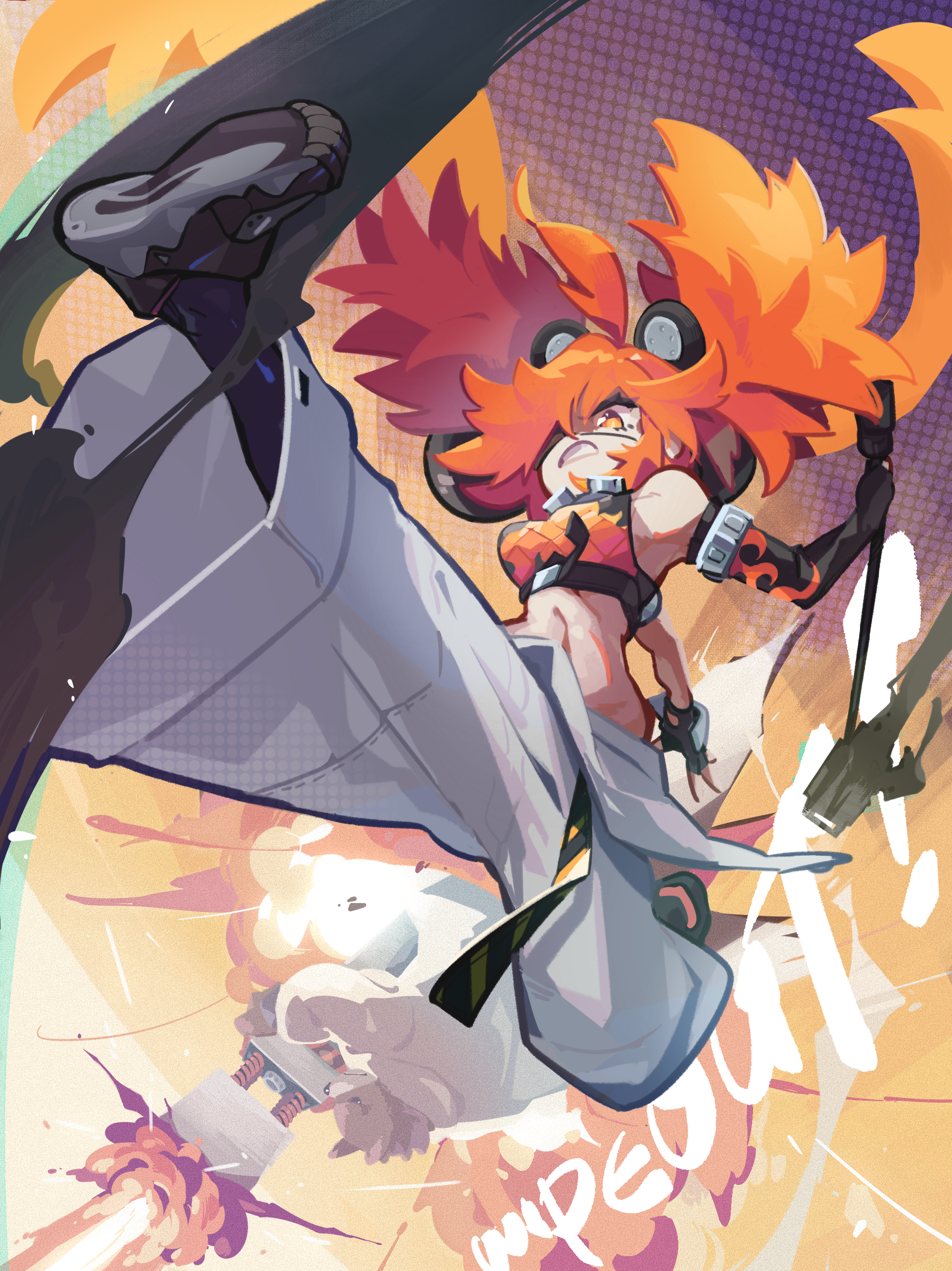 utsu bon!, koleda belobog, zenless zone zero, absurdres, highres, 1girl, ahoge, animal ears, bare shoulders, bear ears, black gloves, breasts, crop top, eyepatch, fake animal ears, fingerless gloves, gloves, hair between eyes, hair ornament, holding, long hair, looking at viewer, midriff, navel, pants, red eyes, red hair, solo, sphere hair ornament, twintails