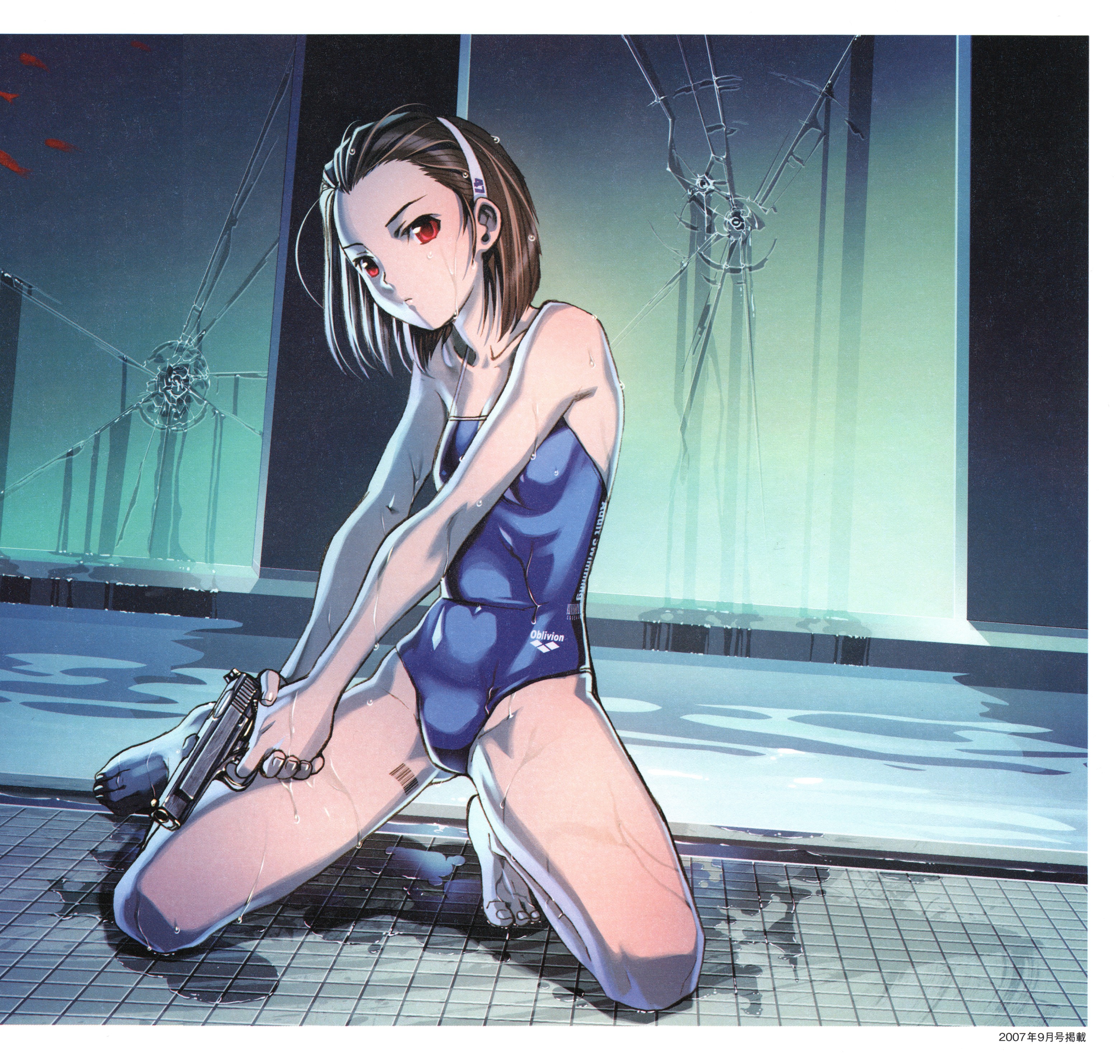 hiroe rei, original, absurdres, highres, 1girl, barcode, brown hair, competition swimsuit, female focus, fingernails, gun, hairband, handgun, kneeling, legs, nail (hardware), one-piece swimsuit, pistol, red eyes, solo, swimsuit, weapon, wet