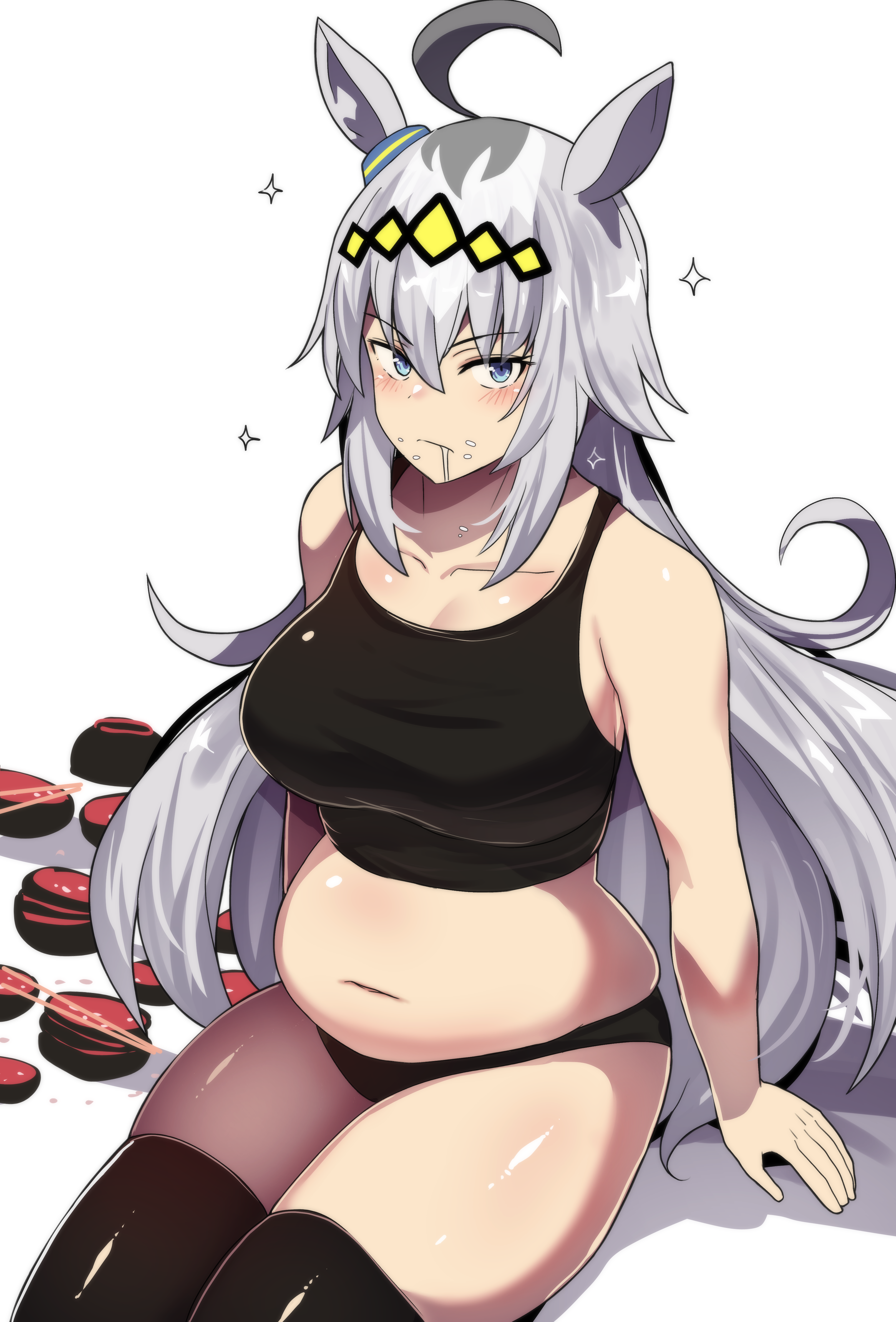 hinghoi, oguri cap (umamusume), umamusume, absurdres, commentary, english commentary, highres, 1girl, after meal, ahoge, animal ears, belly, black buruma, black tank top, blue eyes, bowl, breasts, buruma, chopsticks, food, food on face, grey hair, hair between eyes, hair ornament, hairband, horse ears, horse girl, long hair, midriff, navel, saliva, simple background, solo, tank top, thighhighs, white background