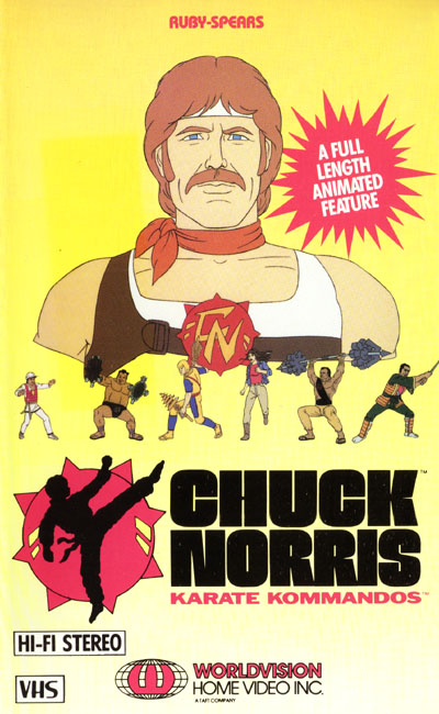 chuck norris, chuck norris karate kommandos, 6+boys, beard, blue eyes, brown hair, cover, dark-skinned male, dark skin, dual wielding, english text, facial hair, headband, holding, huge weapon, male focus, multiple boys, mustache, scarf, short hair, weapon