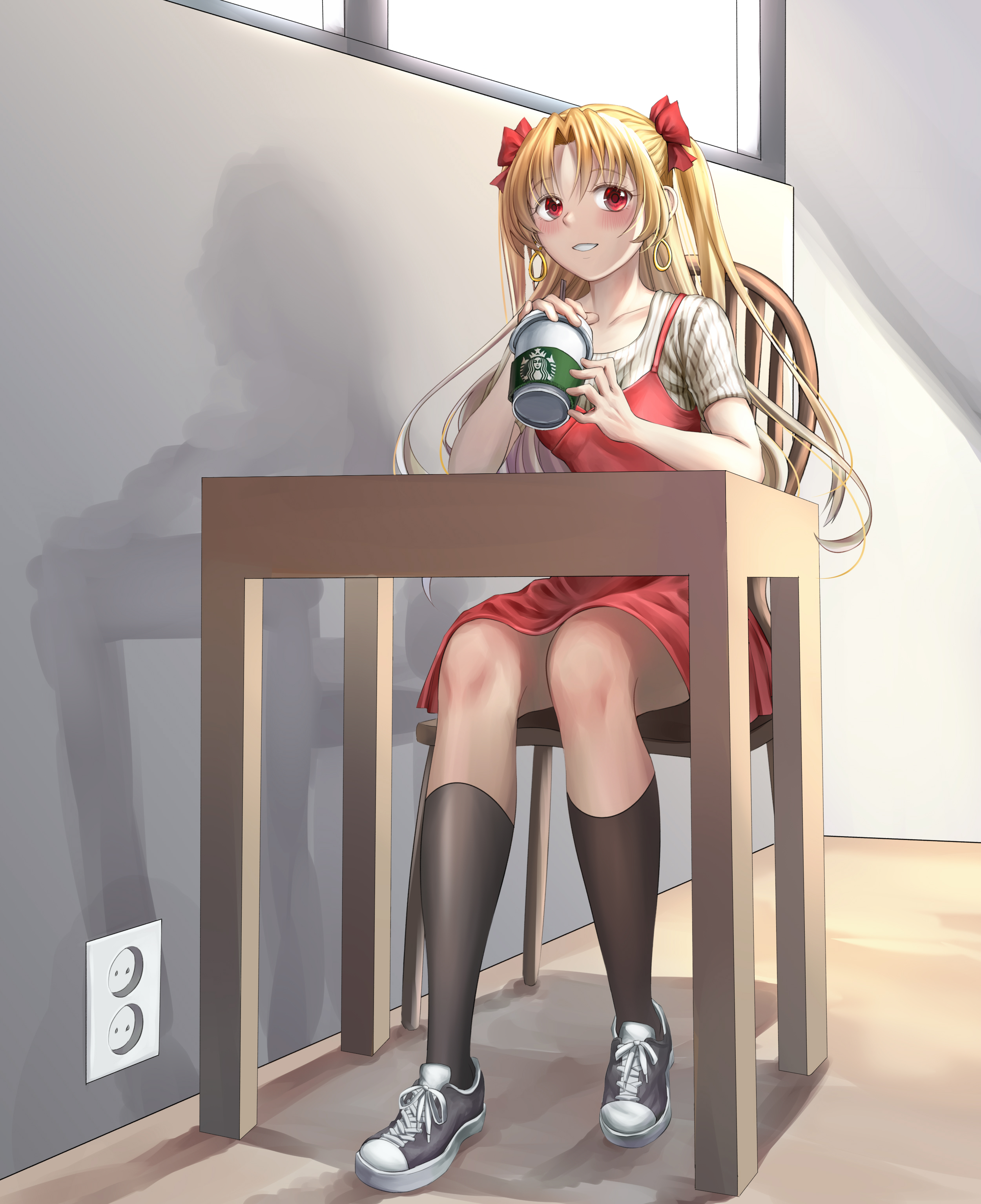 kotta, ereshkigal (fate), fate/grand order, fate (series), starbucks, absurdres, commentary, highres, 1girl, alternate costume, black socks, blonde hair, blush, casual, collarbone, cup, desk, disposable coffee cup, disposable cup, dress, earrings, electrical outlet, hair ribbon, hoop earrings, jewelry, kneehighs, long hair, looking at another, looking at viewer, red dress, red eyes, red ribbon, ribbon, school desk, school uniform, shadow, shirt, shoes, shorts, sitting, skirt, sneakers, socks, solo, st. gloriana's school uniform, two side up, very long hair, white shorts, window