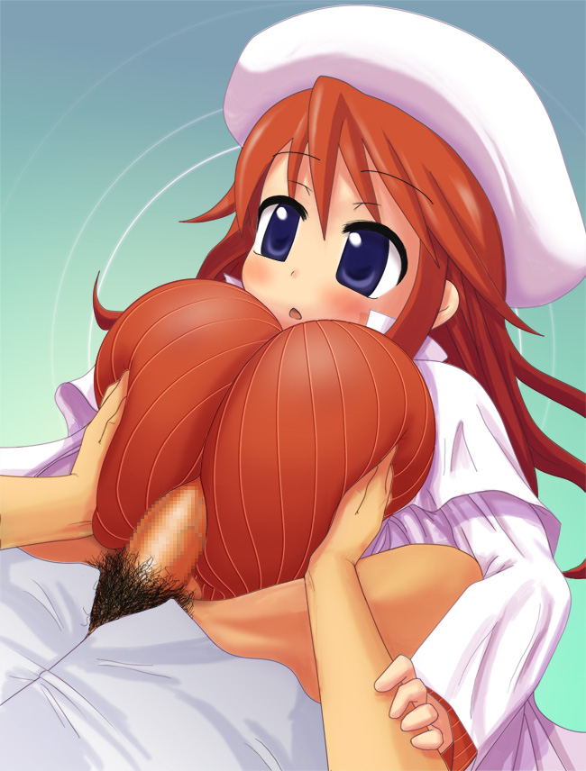 alexi (tits!), aty, aty (summon night), summon night, summon night 3, 1girl, blue eyes, blush, breasts, censored, grabbing another's breast, groping, hat, huge breasts, long hair, open mouth, paizuri, paizuri over clothes, penis, pubic hair, red hair, solo focus
