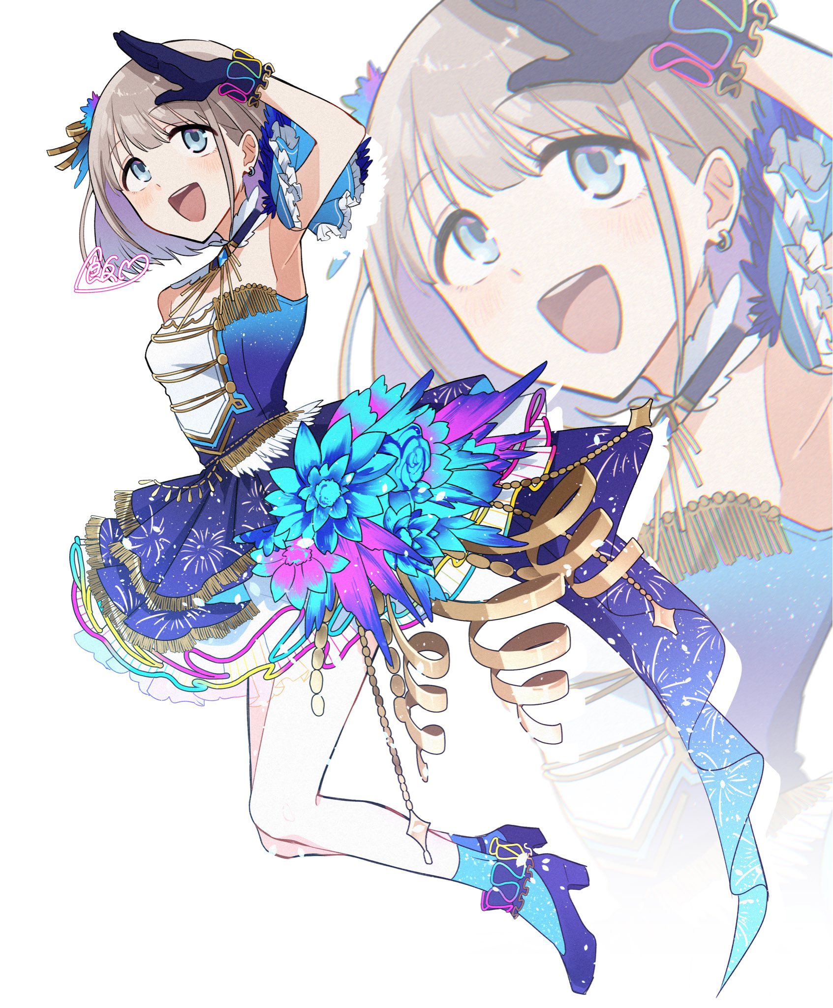 messiah go, serizawa asahi, idolmaster, idolmaster shiny colors, commentary, highres, 1girl, :d, arm up, armpits, blue dress, blue eyes, blue flower, blue gloves, blue socks, blush, breasts, collar, dress, dress flower, earrings, flower, frilled collar, frills, fringe trim, full body, gloves, grey hair, high heels, idol clothes, jewelry, layered dress, looking up, open mouth, purple shoes, shoes, short hair, sidelocks, signature, small breasts, smile, socks, strapless, strapless dress, strappy heels, white background, zoom layer