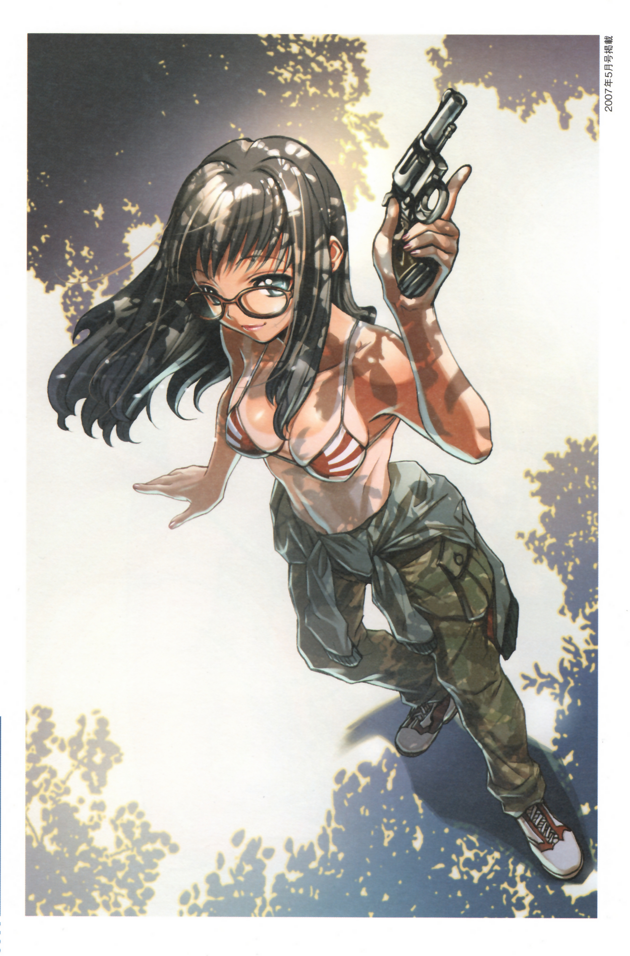 hiroe rei, original, framed, absurdres, highres, scan, 1girl, 2007, aqua eyes, bikini, bikini top only, black-framed eyewear, black hair, breasts, cargo pants, cleavage, clothes around waist, dappled sunlight, female focus, flag print, flag print bikini, from above, full body, glasses, gun, handgun, japan, japanese flag bikini, lips, lipstick, long hair, looking at viewer, makeup, medium breasts, nail polish, navel, one-piece tan, pants, pistol, print bikini, revolver, rising sun flag, shirt, shirt around waist, shoes, smile, sneakers, solo, sunburst, sunlight, swimsuit, tan, tanline, tied shirt, tree shade, trigger discipline, weapon