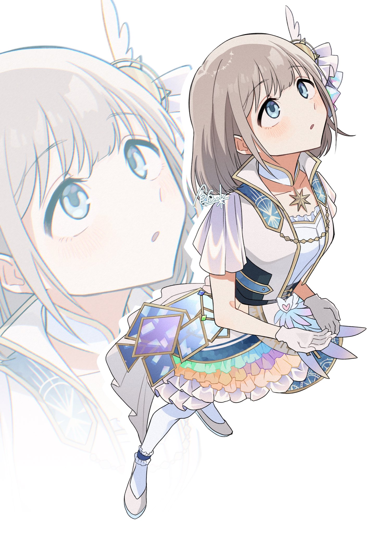messiah go, serizawa asahi, idolmaster, idolmaster shiny colors, commentary, highres, 1girl, blue eyes, blush, breasts, celestial colors (idolmaster), chain, frilled skirt, frills, from above, full body, gloves, gold chain, gold trim, grey hair, grey jacket, grey shoes, hair ornament, idol clothes, jacket, layered skirt, looking up, multicolored skirt, octagram, open clothes, open hands, open jacket, parted lips, shirt, shoes, short hair, short sleeves, sidelocks, signature, skirt, small breasts, white background, white gloves, white shirt, zoom layer