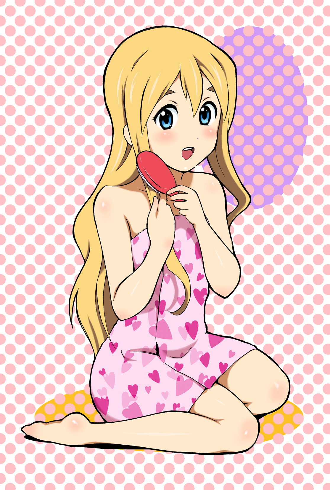 masuda gou, kotobuki tsumugi, k-on!, highres, 00s, 1girl, barefoot, blonde hair, blue eyes, brushing hair, brushing own hair, female focus, full body, hair brush, heart, kneeling, long hair, naked towel, solo, towel